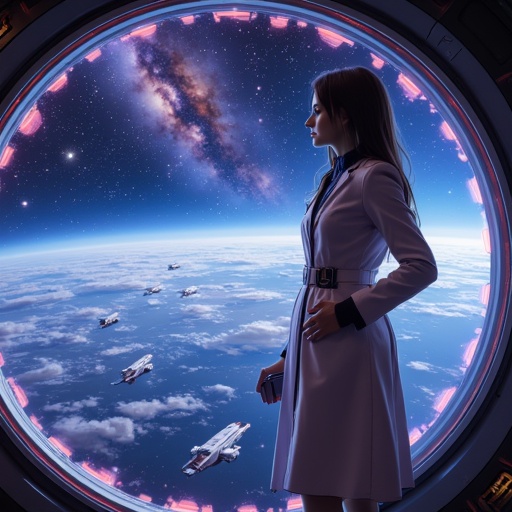 cyberpunk style photo. A woman Nikirinka in a long white leather coat stands by the panoramic window of a spaceship. On he...