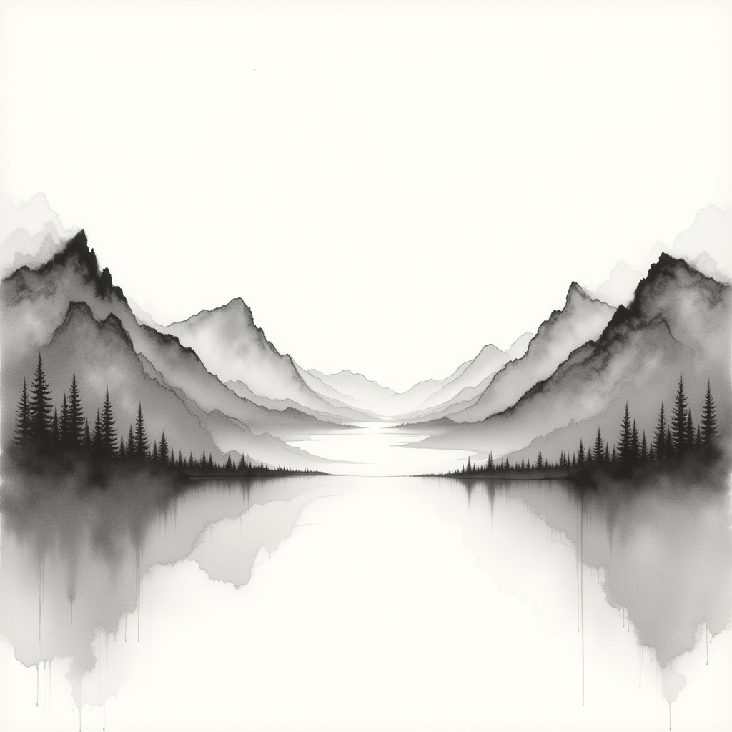 A serene alpine lake,  its waters reflecting the rugged peaks of the surrounding mountains,  set against a soft on Tensor.Art