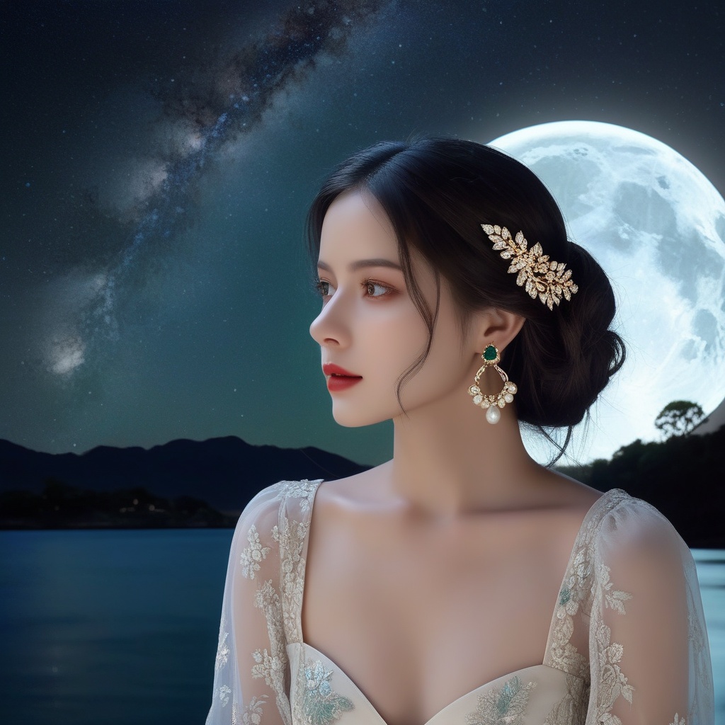 (,1girl, ,best quality, ),,masterpiece(,1girl,night, starry sky, milky way,outdoors, full moon,  night sky, darkness,  world of darkness, , ) ,ultra realistic 8k cg,   clean, masterpiece,     (( , )),, , , prestige, luxury, jewelry, diamond, gold, pearl, gem, sapphire, ruby, emerald, intricate detail, delicate pattern, charming, alluring, seductive, erotic, enchanting, hair ornament, necklace, earrings, bracelet, armlet,halo((, )), (), <lora:823-DA-XL-国模-恶女-VIVI:0.8>,