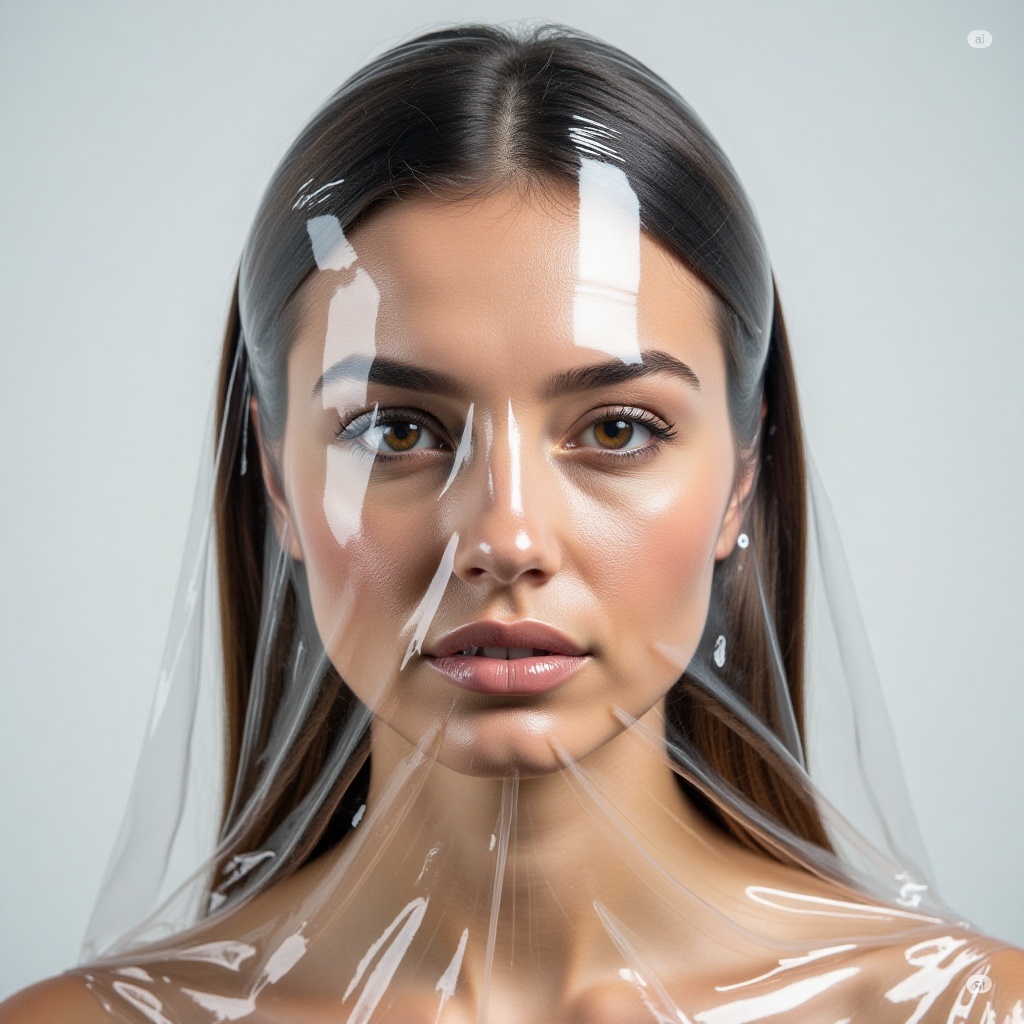 plastic_look_style,  a photo of a woman's portrait,  shrink-wrapped in clear plastic on Tensor.Art