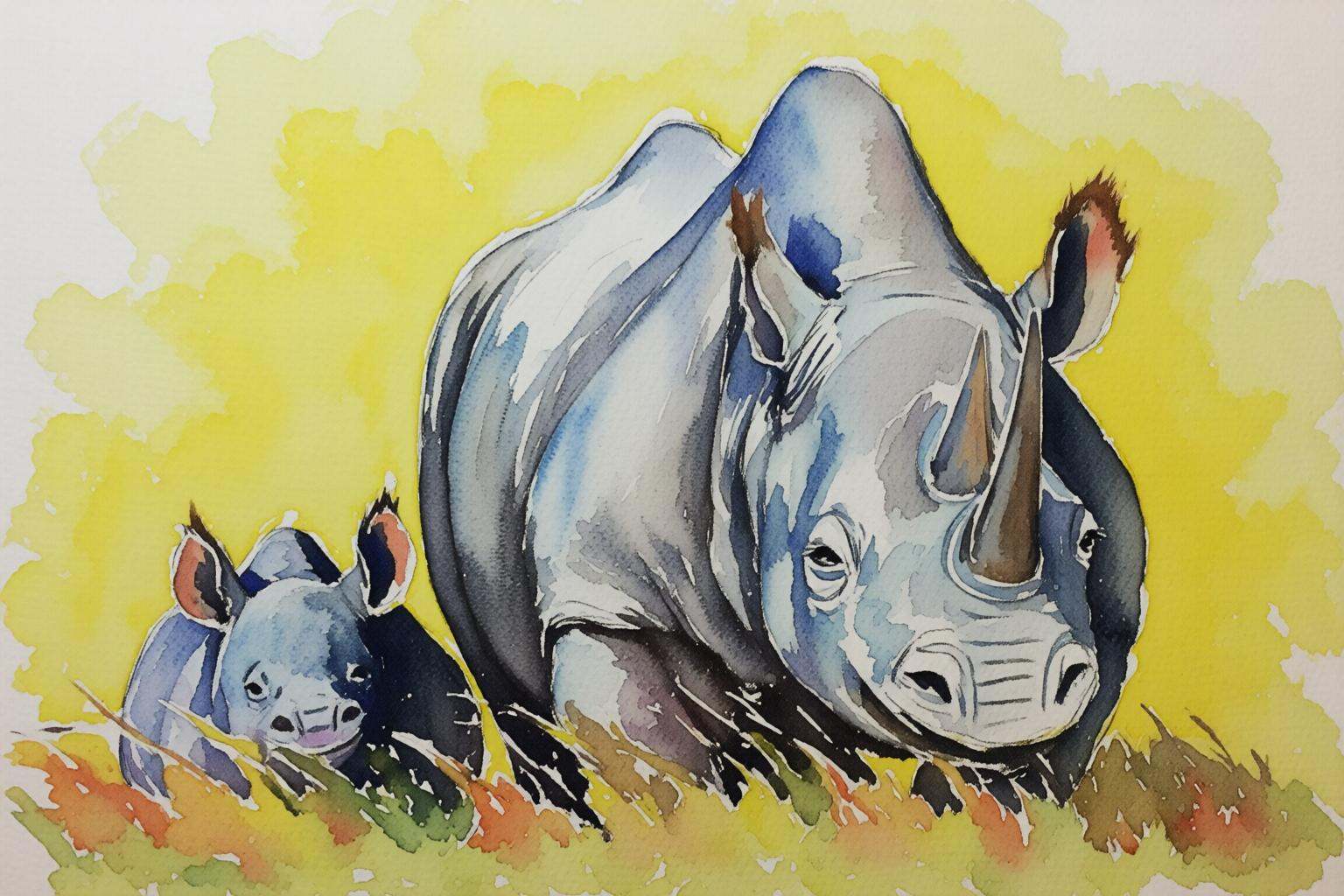watercolorbasic2q watercolor painting.Two rhinoceroses,  one ***** and one baby. on Tensor.Art