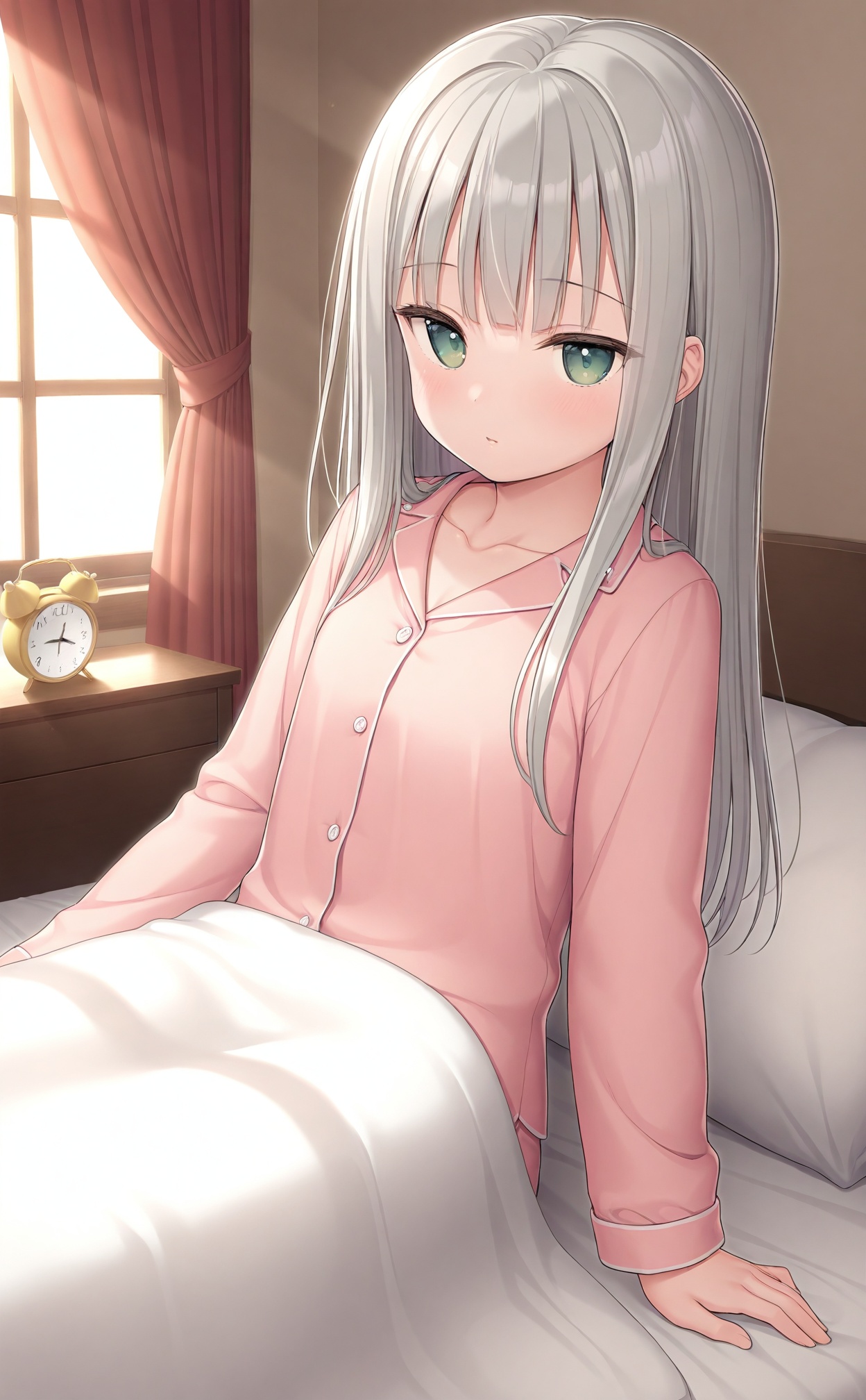 masterpiece,best quality,high quality,loli,1girl,clock,solo,alarm clock,under covers,green eyes,bed,long hair,pillow,indoors,sunlight,curtains,pajamas,grey hair,blanket,window,collarbone,bangs.,