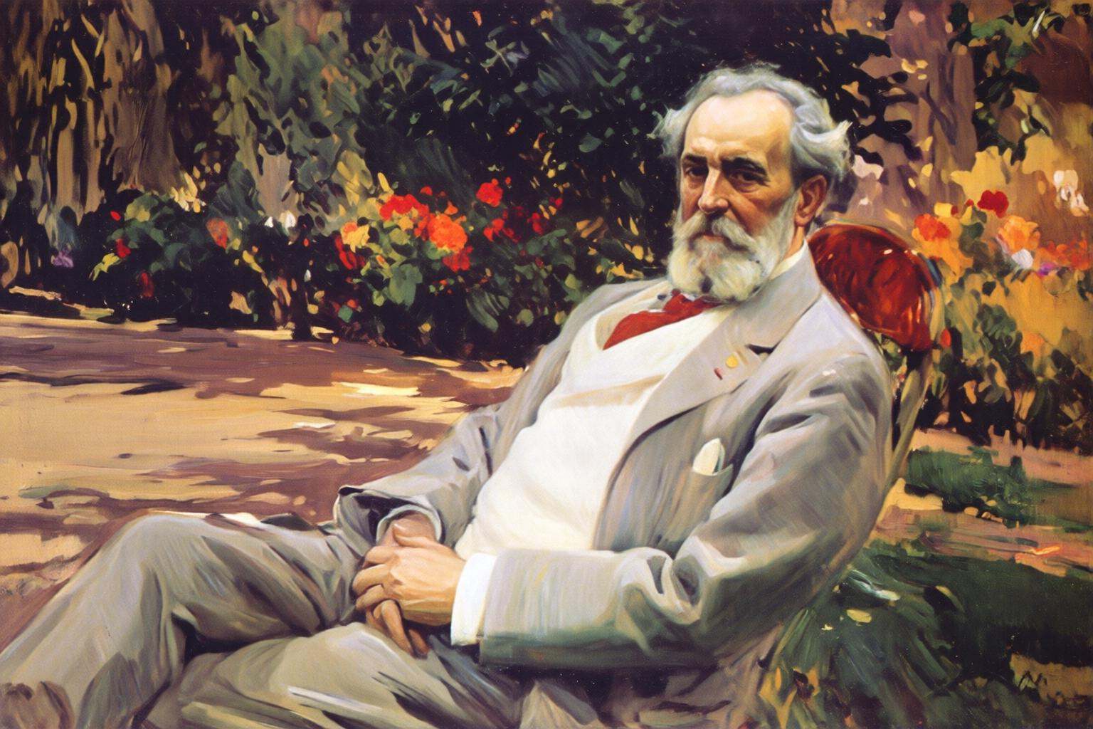 joaquinsorolla3q painting.A bearded elderly man,  shown in 3/4 view,  is seated outdoors with his legs crossed on Tensor.Art