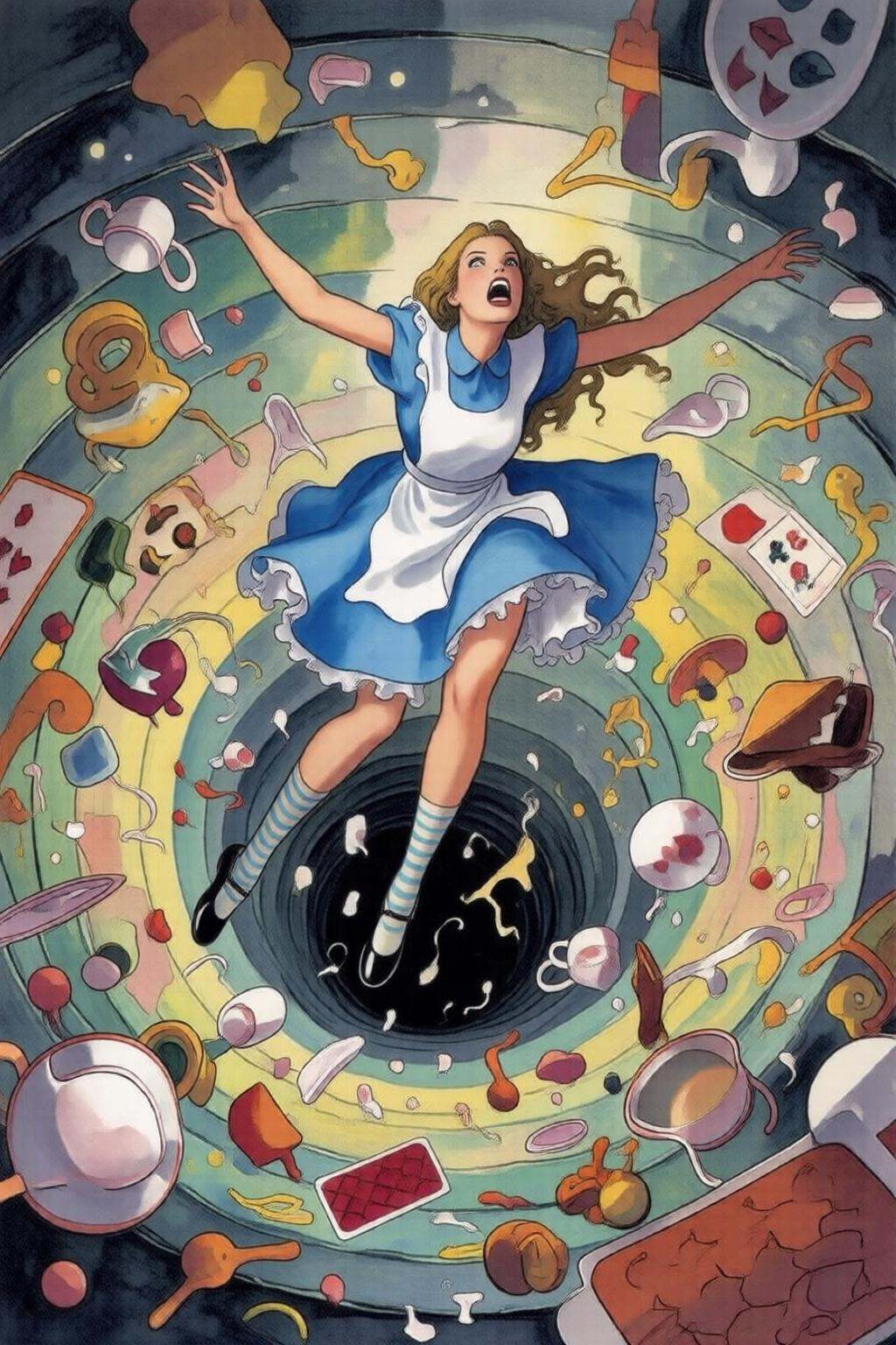 milomanara7q illustration. Overhead view of Alice in Wonderland falling into the rabbit hole,  with her legs dangling bene...