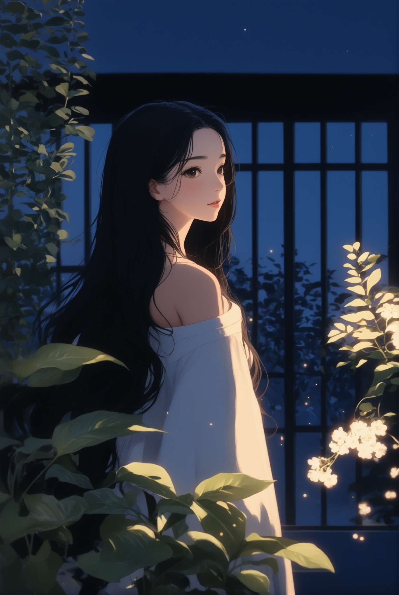 night,1girl,solo,plant,long hair,black hair,<lora:city life:0.8>,