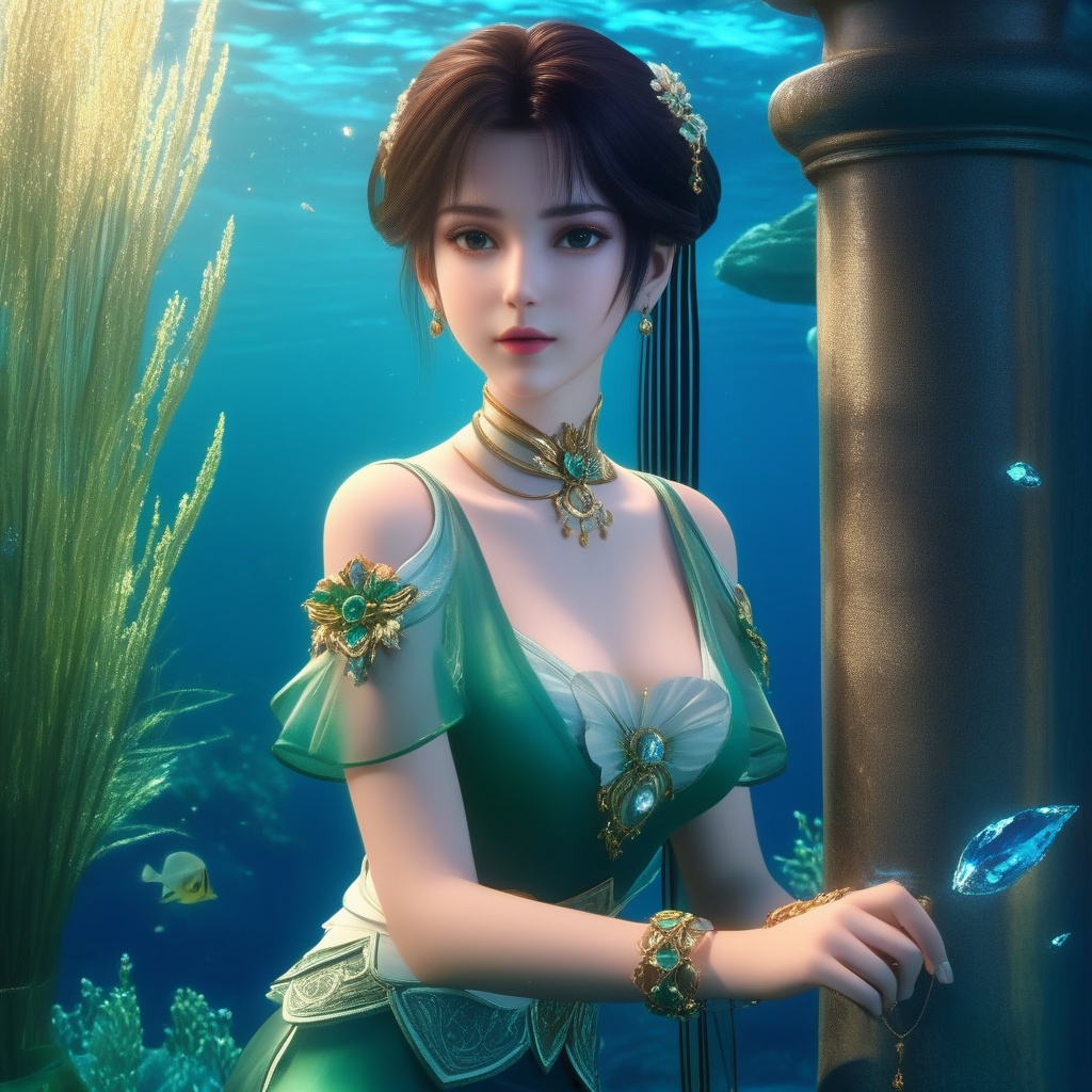<lora:834-DA-XL-诛仙-碧瑶:0.8>, (,1girl, ,best quality, ),,masterpiece, ((((, solo,  , ,solo focus, ,underwater, )))) ,ultra realistic 8k cg,   clean, masterpiece,     cinematic lighting, cinematic bloom,  (( , )),, , unreal, science fiction, luxury, jewelry, diamond, gold, pearl, gem, sapphire, ruby, emerald, intricate detail, delicate pattern, charming, alluring, seductive, erotic，(sit), , enchanting, hair ornament, necklace, earrings, bracelet, armlet,,(cleavage),,