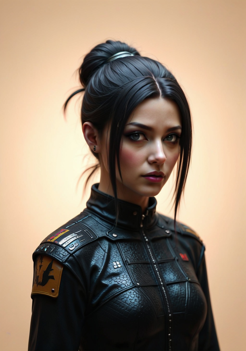 Under a neon-lit sky,  a cyber warrior stands tall amidst a futuristic cityscape,  their sleek ninja-inspired jacket radia...