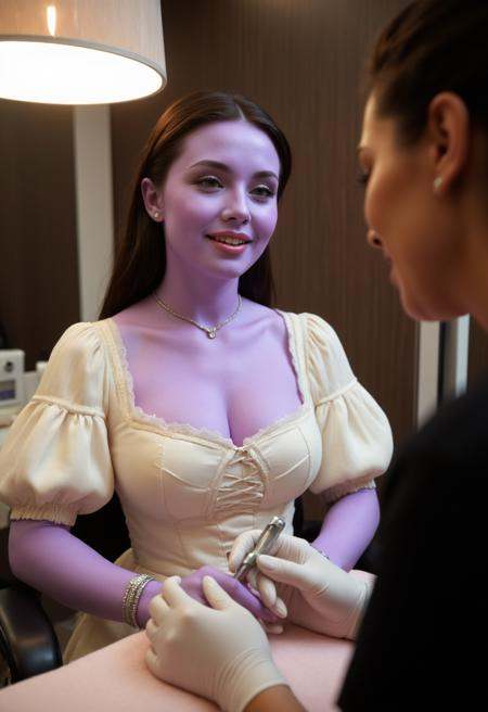 cinematic photo ,  ,  a cinematic photo of woman with wearing a ivory Victorian style dress getting a manicure at a nail s...