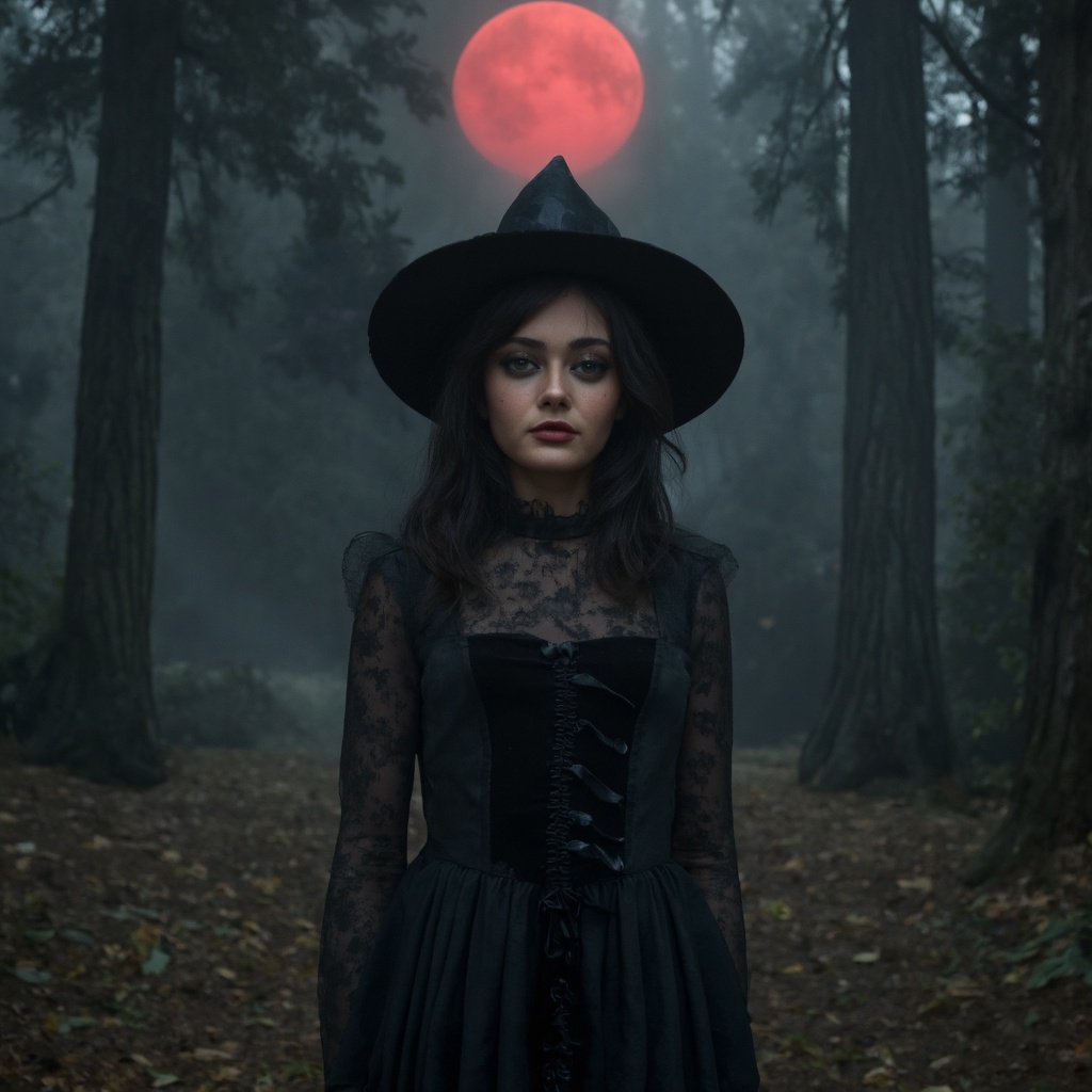 A sharp close-up portrait of ella_purnell in a gothic-inspired setting,  focussing her face. She wears a long,  flowing bl...