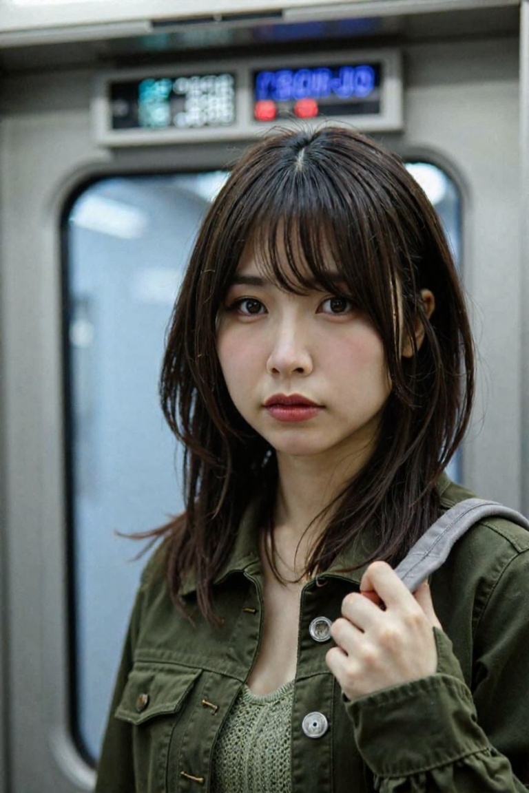 A sharp photograph captures a young woman named l1yuu with dark,  medium-length wavy hair and a serious,  contemplative ex...