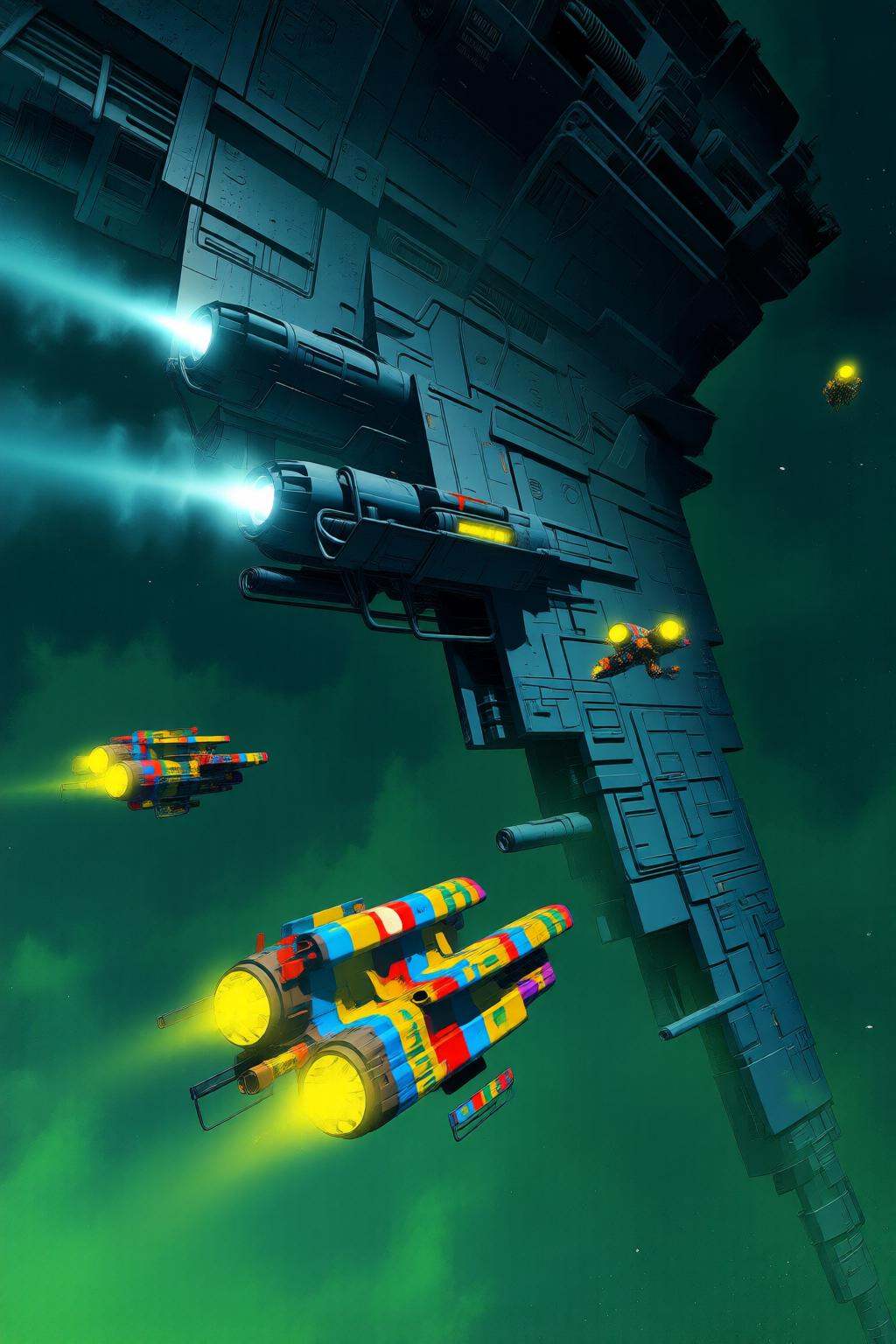 pascalblanche2q illustration.A futuristic space scene with a large structure resembling a mothership. The mothership has m...