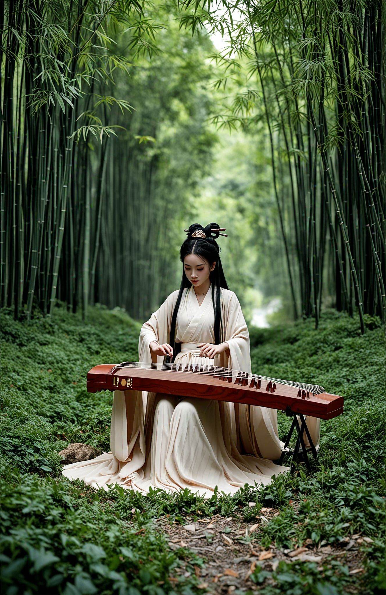 score_9,score_8_up,score_7_up,score_6_up,score_5_up,In a serene grove, a figure draped in traditional attire delicately strums a Chinese zither. The ancient strings resonate amidst the verdant bamboo, casting an ethereal melody that weaves through the foliage. A harmony of nature and culture, captured in tranquil repose.