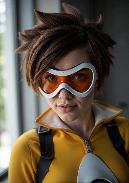 Tracer is a woman and wears goggles. closeup face portrait on Tensor.Art