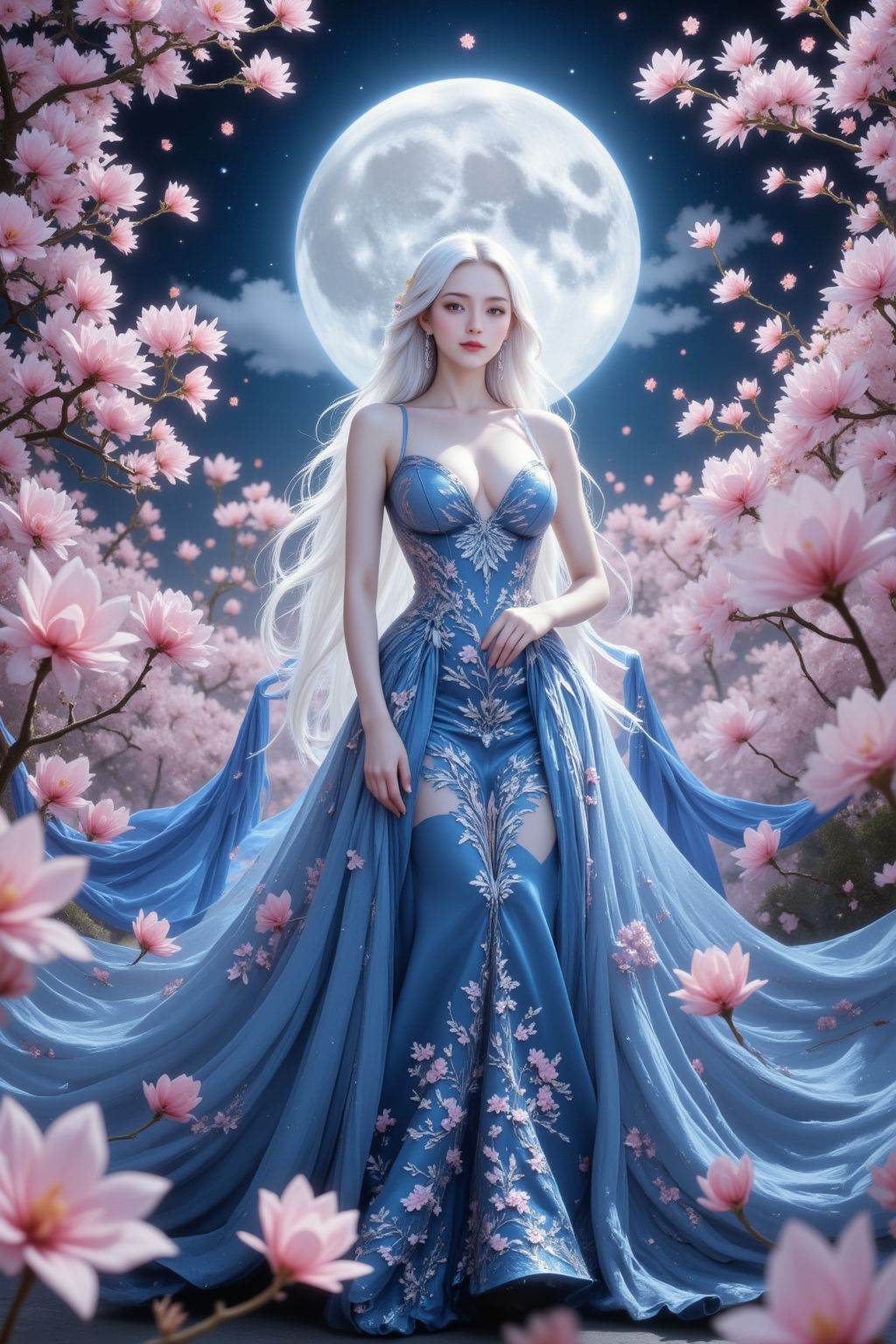 The image depicts a woman standing amidst a sea of cherry blossoms under a full moon. She is wearing an elegant blue gown...