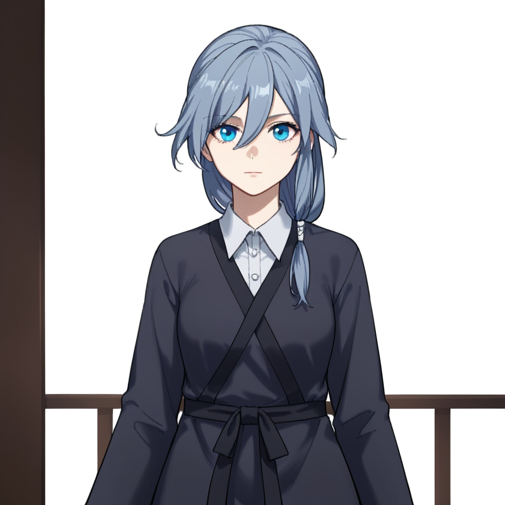 (white background:1.2),looking at viewer,(SOLO:1.4),outline,simple background,upper body, cowboy shot,looking at viewer,(((arms at side))),  fu hua mangaver,fu hua,long hair,bangs,hair ornament,hair between eyes, ponytail,low-tied long hair,blue eyes,grey hair,blue hair<lora:符华-休闲-manga-pony:0.8>
