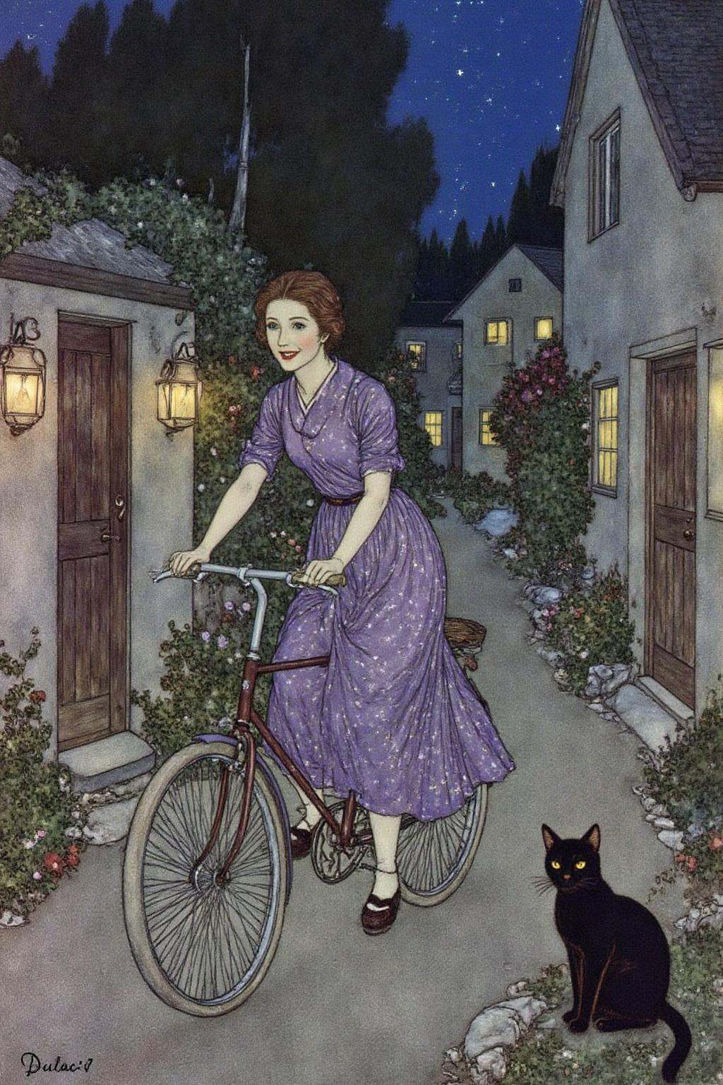 dulac1 illustration A Japanese school girl riding a old style bicycle through a narrow,  quiet street at night. The happy...