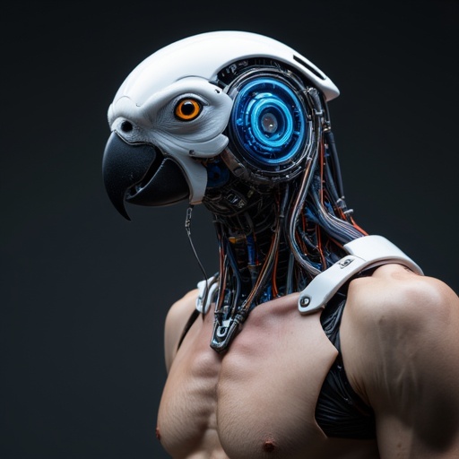 likely a Macaw,  depicted in a side profile,  glowing blue circuits and wires on Tensor.Art