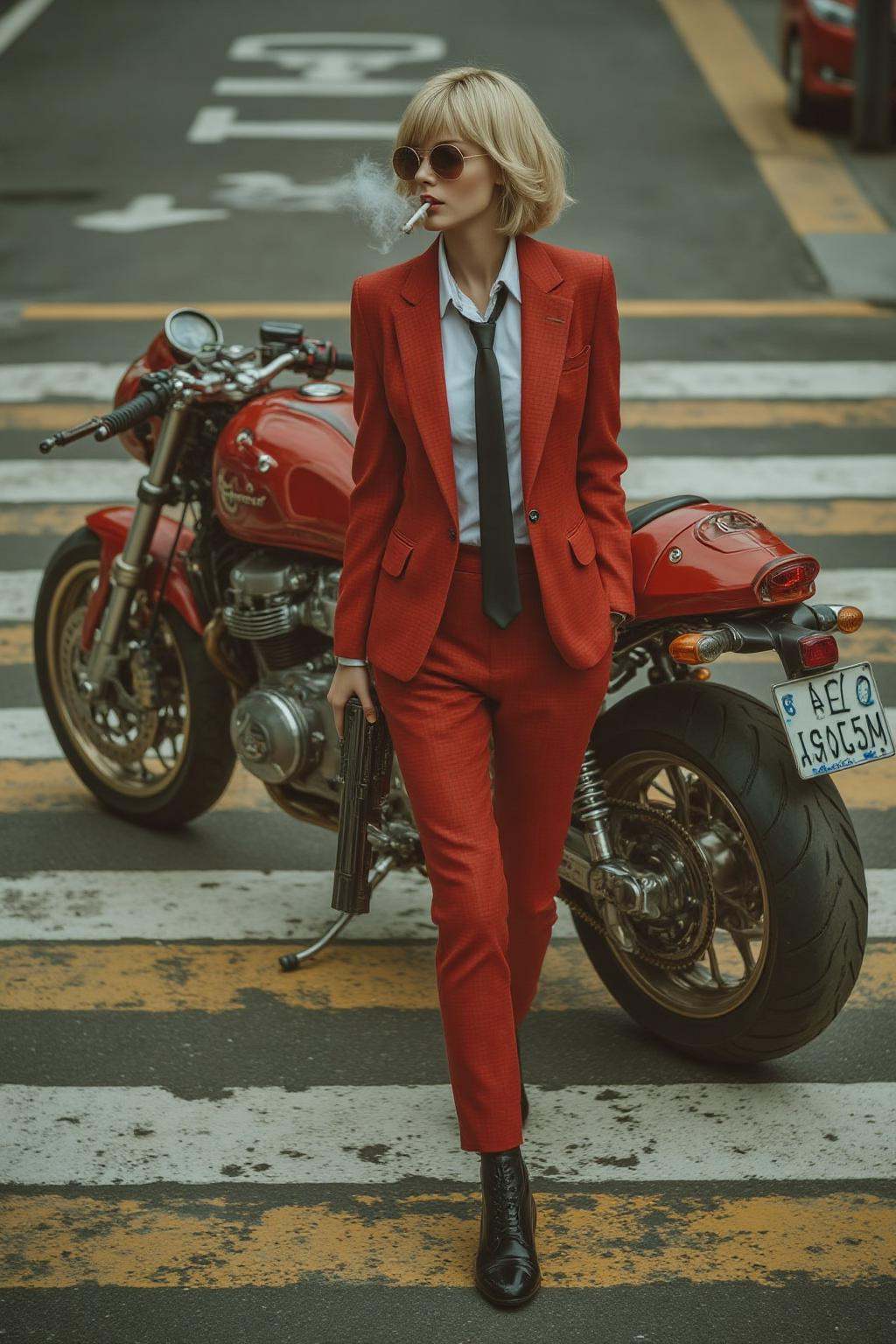 midjourney photograph.Overhead shot of a Blonde woman walking away from a futuristic motorcycle parked at a zebra crossing...