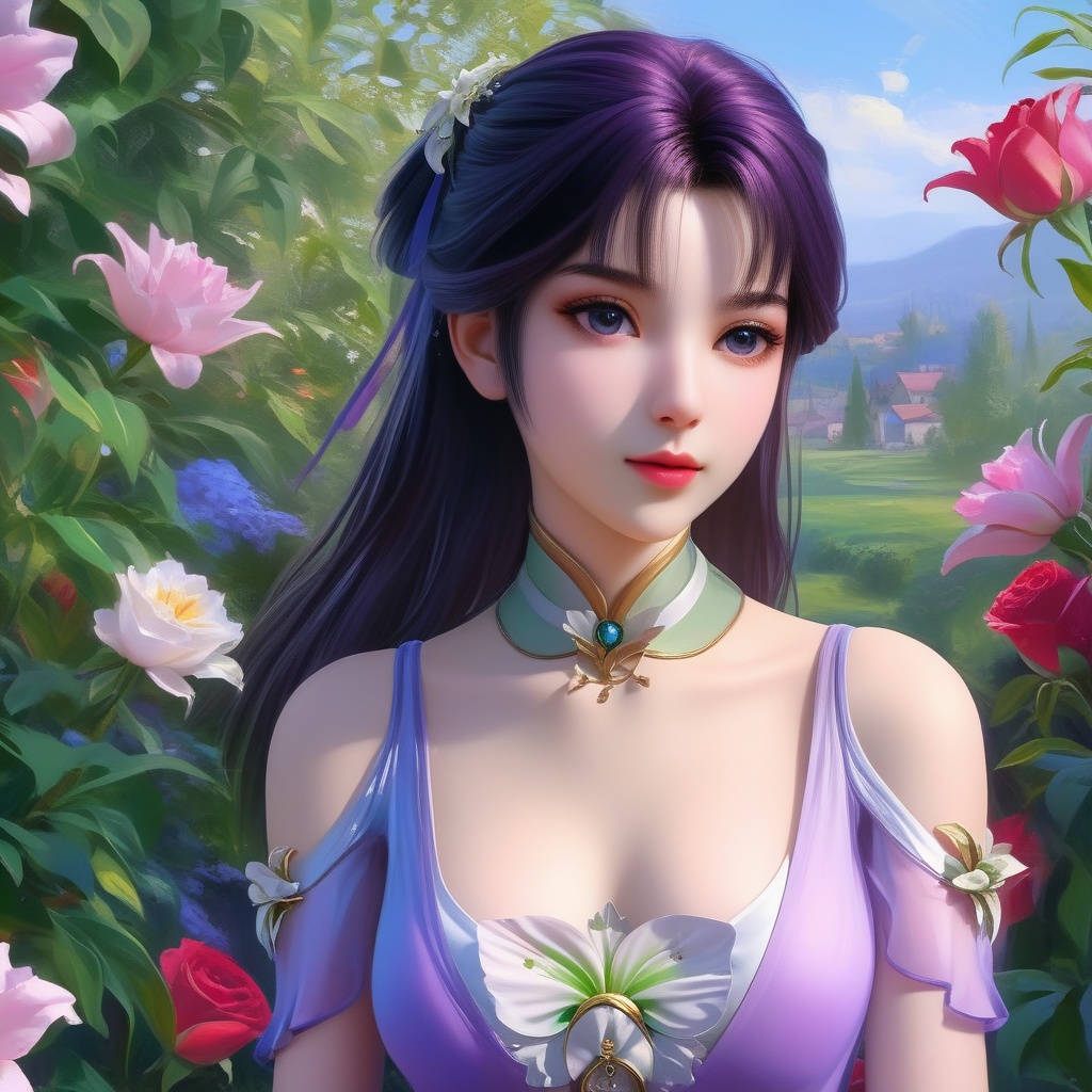 <lora:834-DA-XL-诛仙-碧瑶:0.8>, (,1girl, ,best quality, ),,  ,ultra detailed 8k cg,ultra realistic 8k cg,1girl, solo,(bare shoulders:0.85),(masterpiece, best quality),((oil painting style)),sexy young lady,(beautiful face and eyes),(upper body:1.5),(whole body:1.05),(single person:1.2),surrounded by flowers, (lily), roses, floret, vegetation, white, purple, purplish pink,Impressionism,colorful,(Breast size:1.3),(cleavage),,