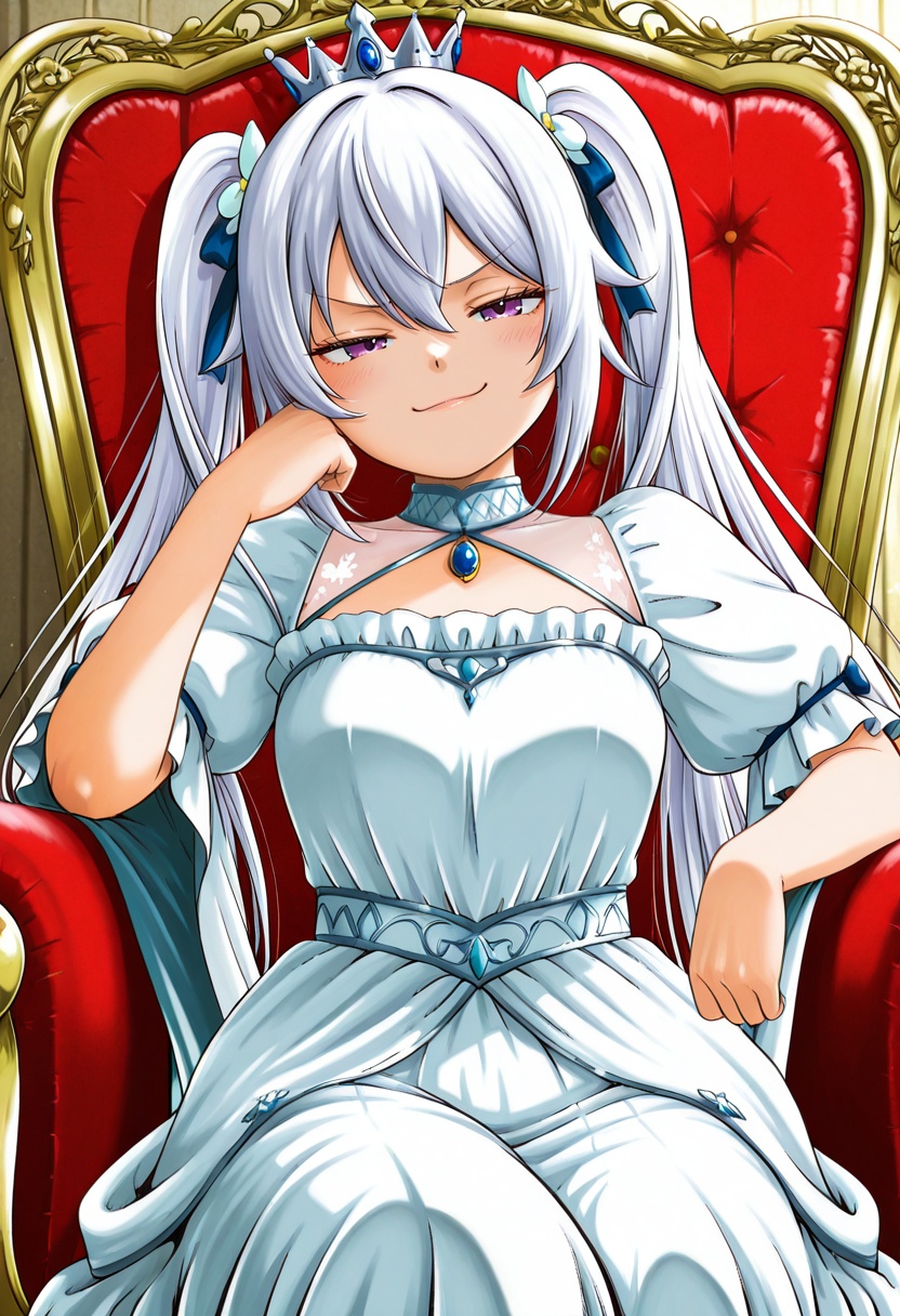 smug look,  female in a regal dress sitting on a throne while leaning on her elbow,  nyoro_nyorozou_XLL on Tensor.Art