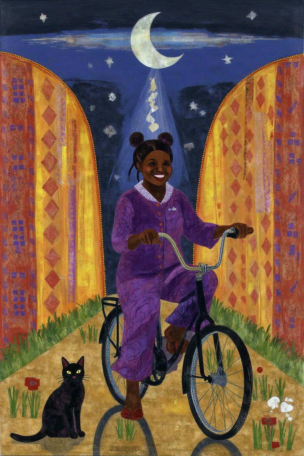 mixed media collage.A Japanese school girl riding a old style bicycle through a narrow,  quiet street at night. The happy...
