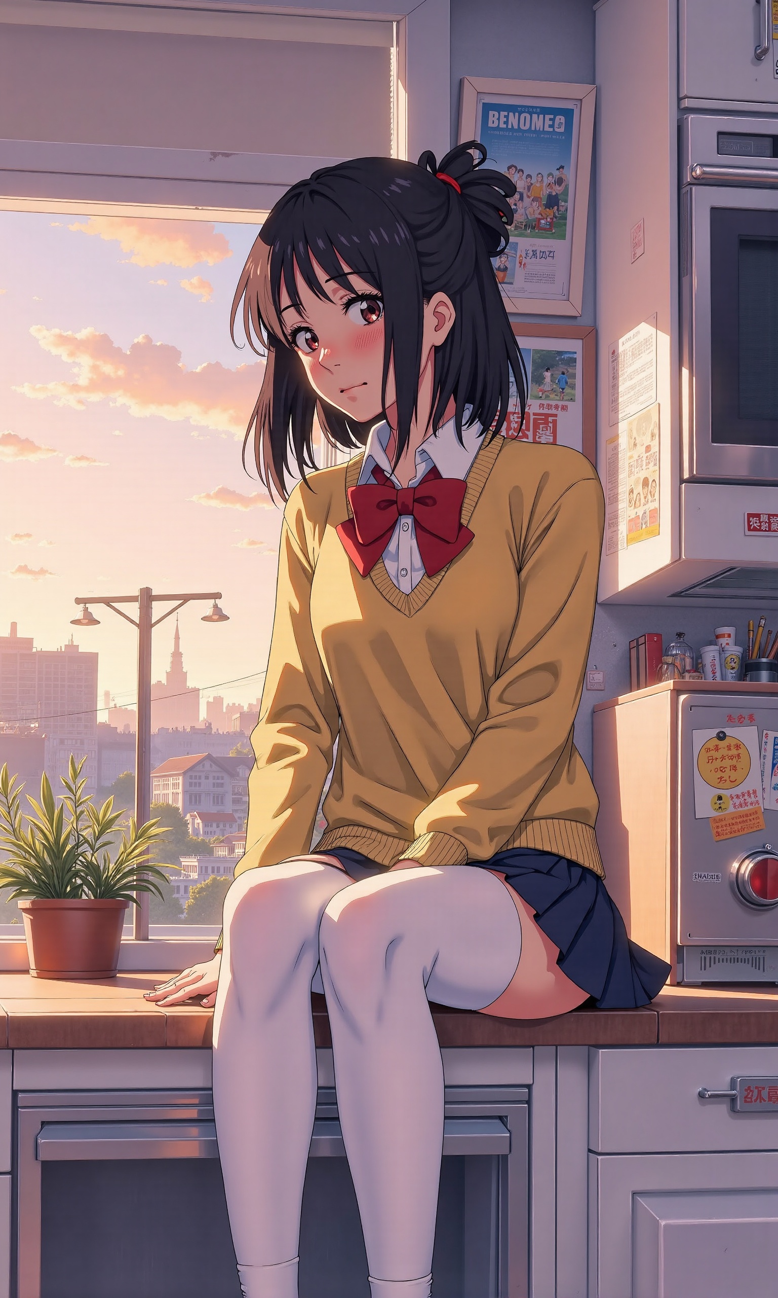 sanye,  A cartoon image,  stylish anime comic illustration of a woman sitting on kitchen by japanese illustrator on Tensor...