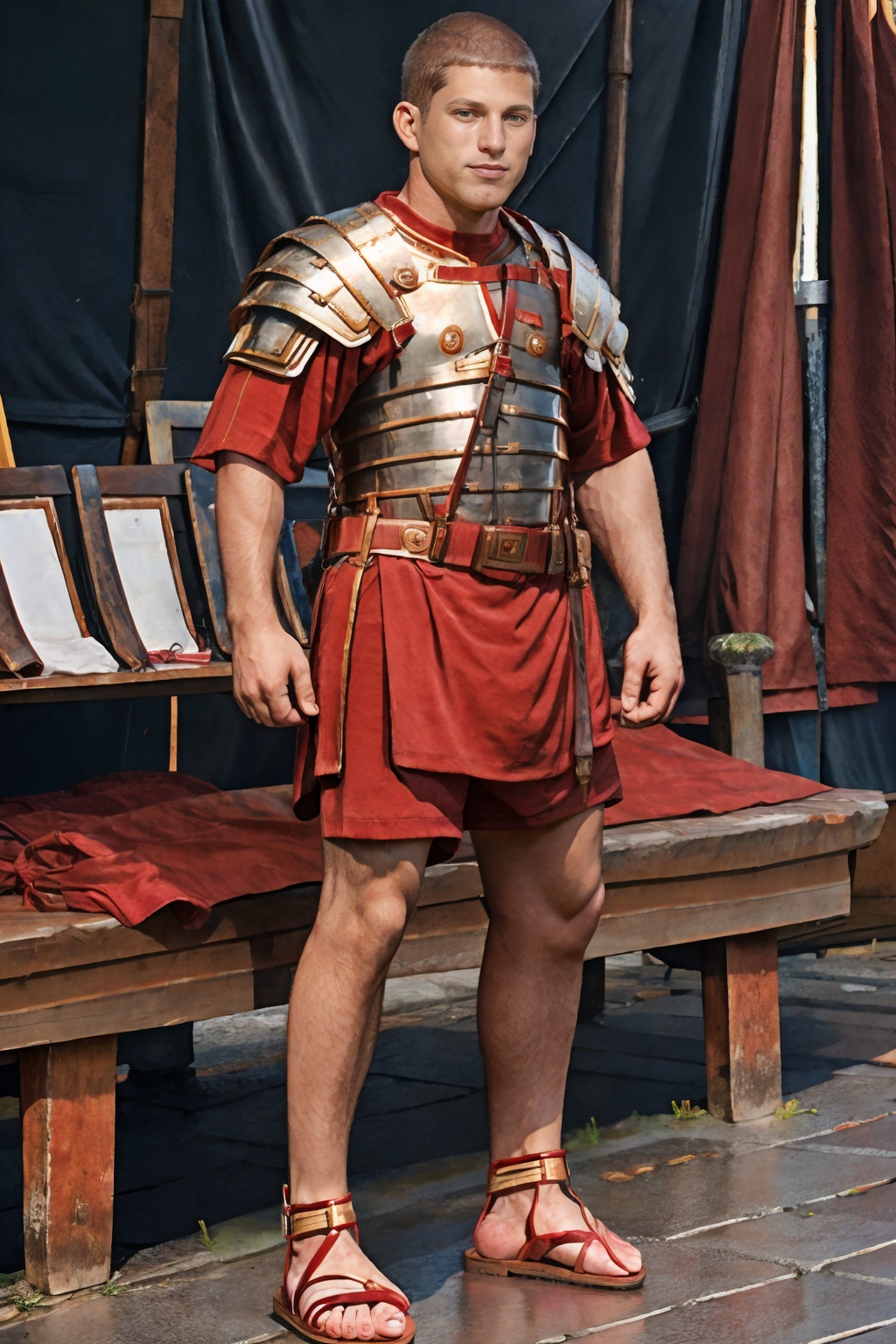 Roman market,  RomanTodd is wearing loriseg armor,  (red tunic) on Tensor.Art