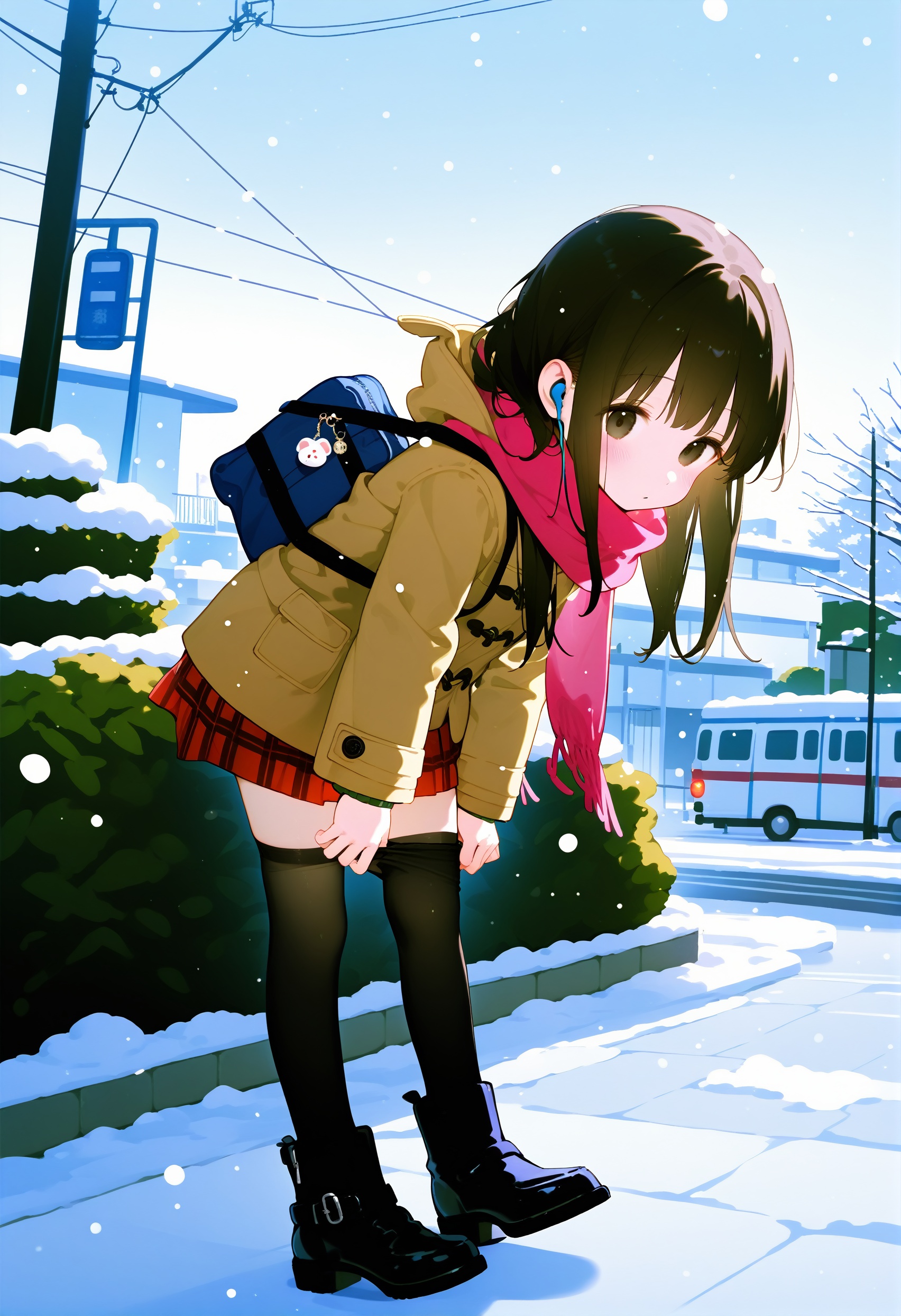 loli, 1girl, solo, thighhighs, car, outdoors, scarf, motor vehicle, skirt, long hair, bag, winter, power lines, earphones, black thighhighs, coat, railing, blush, black hair, snow, day, tree, pleated skirt, road sign, sweater, looking down, school bag, building, black footwear, brown eyes, sign, ankle boots, snowing, enpera, sky, road, leaning forward, miniskirt, street, utility pole, red skirt, fur trim, boots, adjusting legwear, long sleeves, earbuds, winter clothes, cable, adjusting clothes, charm (object), cellphone, shoulder bag, standing, hood, hood down, duffel coat, green sweater, cloud, fringe trim, house, zettai ryouiki, stuffed toy, stuffed animal, phone, full body, pink scarf, bus stop, open coat, bare tree, parted lips, bag charm, smartphone, shoes, brown coat, legs, teddy bear, purple scarf, winter coat, fence, blue bag, hooded coat, closed mouth, cloudy sky, lamppost, dressing, long legs, open clothes, black eyes, bent over, plaid, pavement, stairs, looking at viewer, real world location, jacket, city, school uniform, thighhighs pull, ribbed sweater, traffic light, bush, handbag, brown hair, blue sky