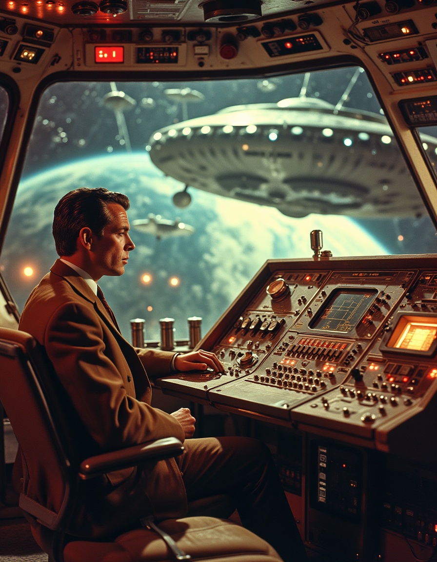 Vintage Sci-fi . In a control room packed with dials and blinking lights,  a man watches in awe as an alien spaceship desc...