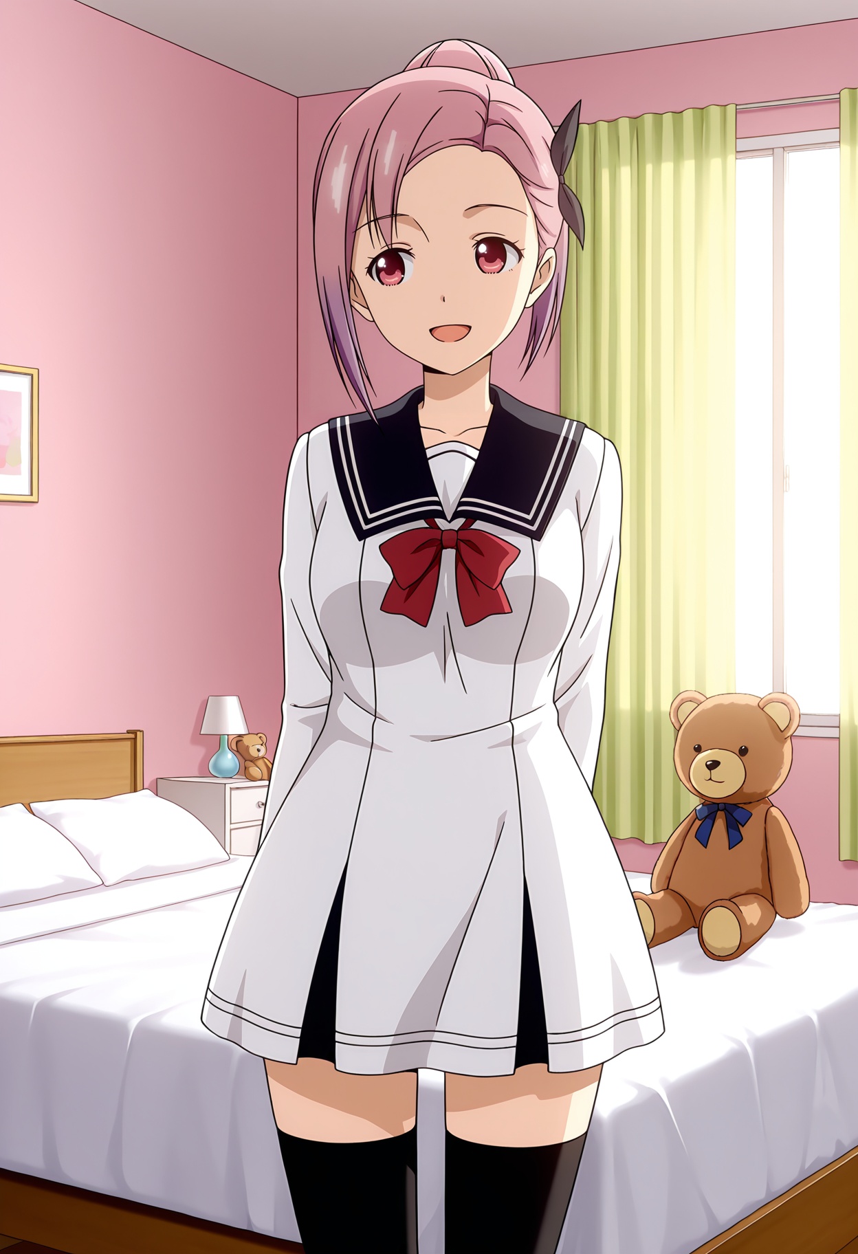 <lora:Tsubame KOYASU_illustrious-000018:1>,1girl,pink hair,solo,Tsubame KOYASU, solo, thighhighs, stuffed toy, stuffed animal, open mouth, bow, bed, smile, black thighhighs, school uniform, dress, indoors, teddy bear, curtains, single hair bun, bedroom, :d, zettai ryouiki, red bow, standing, white dress, arm behind back, long sleeves, cowboy shot, anime screencap