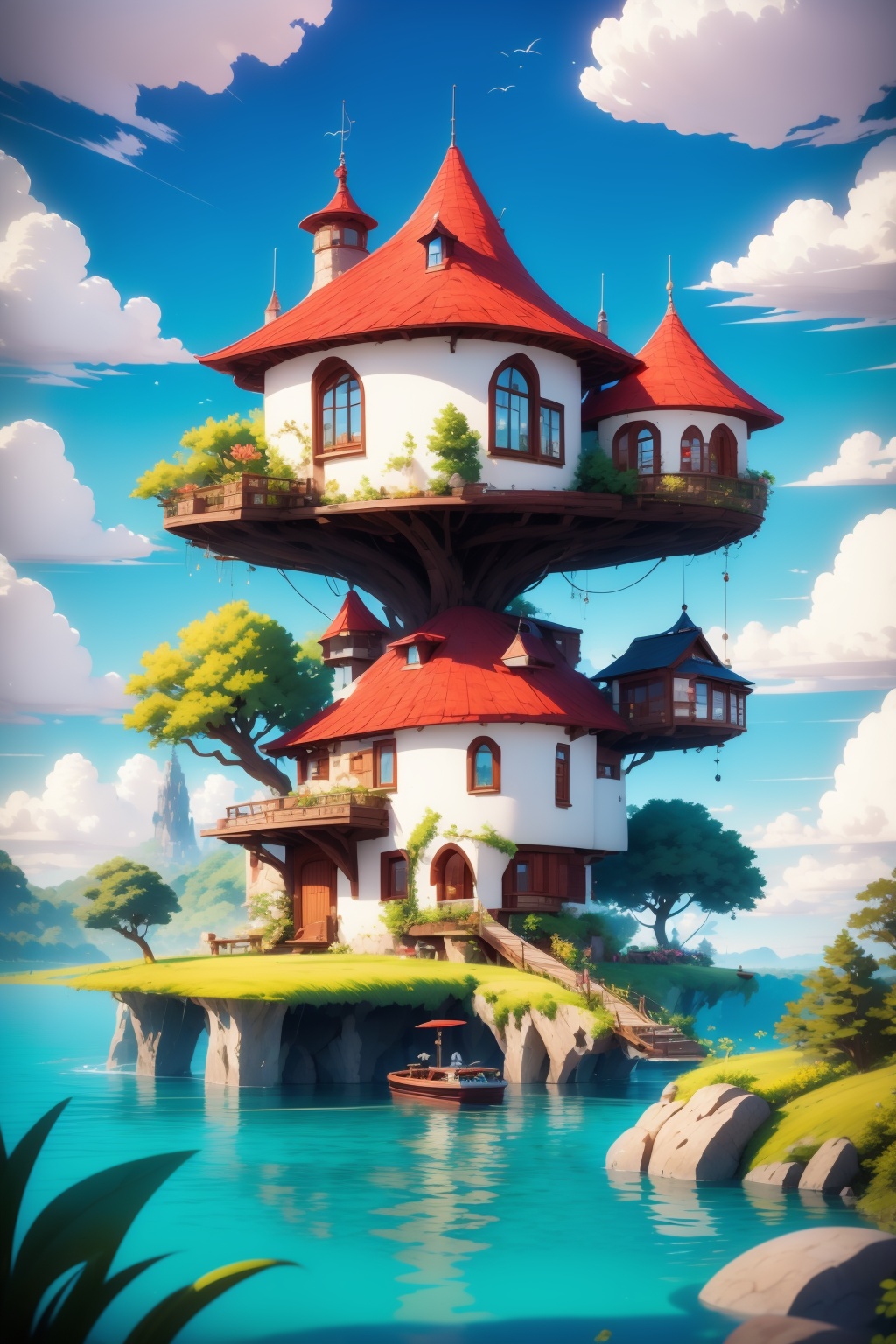<lora:AgainWonderlandForest:1>,AgainWonderlandForest, scenery, outdoors, sky, cloud, day, no humans, tree, water, stairs, house, building, blue sky, plant, window, bridge, chimney, flower, lantern, boat, fantasy, railing, watercraft, fish, door, rock, grass, river, floating island, artist name, waterfall, architecture,