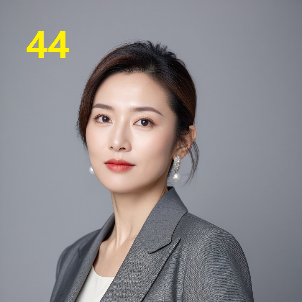 leogirl,A 44-year-old woman,portrait photo,facial focus,photo taken,fashionable and simple,Chinese ethnicity,soft gray background,natural lighting,high-resolution clarity,contemporary portrait,gentle,fashionable and avant-garde,simple accessories,details with strong contrast between skin color and neutral background,looking at the audience,