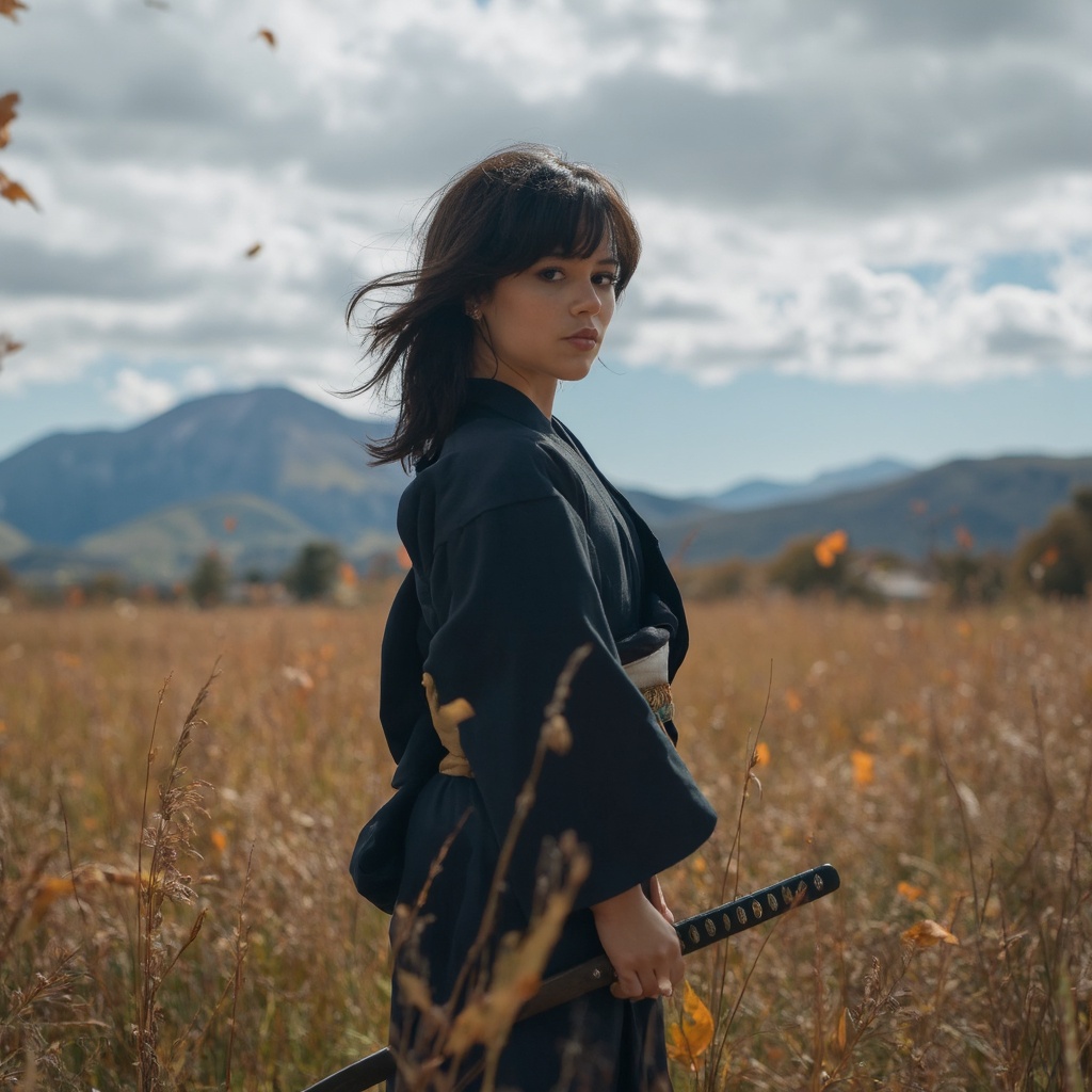 A portrait of jenna_ortega in a traditional Japanese kimono,  standing in a field of tall grasses. She holds a samurai swo...