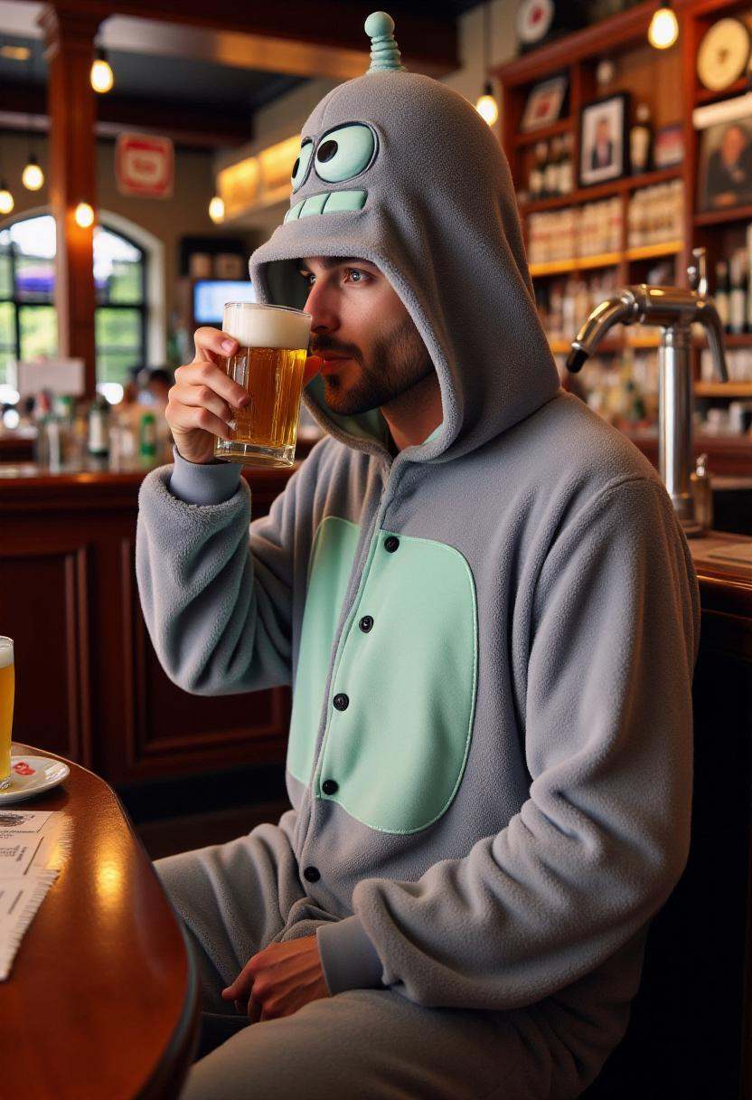 Photograph featuring a man wearing a grey plush onesie with a hood designed to resemble Bender from Futurama,  drinking be...