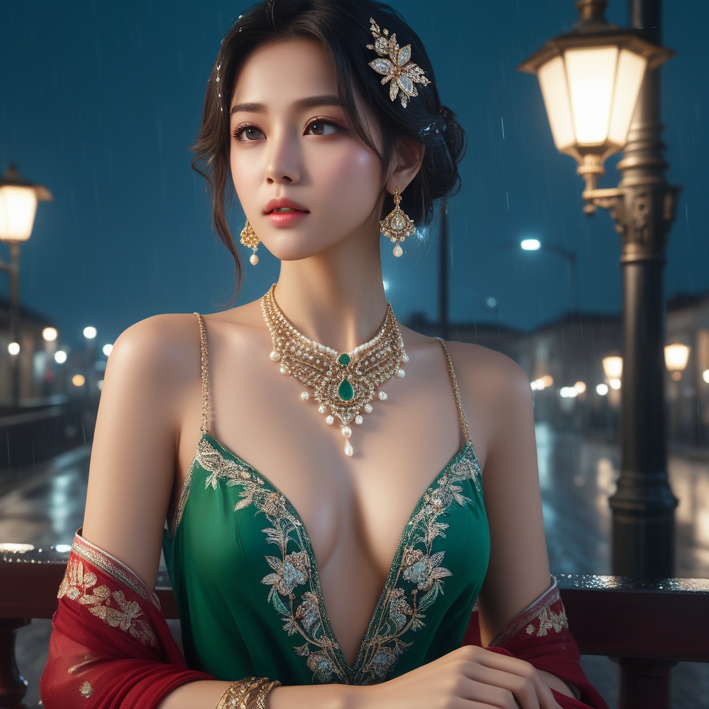 <lora:836-DA-XL-朴正允-绿-B:0.8>, (,1girl, ,best quality, ),, ,ultra detailed 8k cg,            cinematic lighting, cinematic bloom, (( , )),,  , unreal, science fiction,  luxury, jewelry, diamond, pearl, gem, sapphire, ruby, emerald, intricate detail, delicate pattern, charming, alluring, seductive, erotic, enchanting, hair ornament, necklace, earrings, bracelet, armlet,halo,masterpiece, (( , )),,  ,cherry blossoms,(((, night,night sky,lamppost,  ultra high res, (photorealistic:1.4), raw photo, 1girl, , rain, sweat, ,wet, )))(( , ))   (cleavage),,  (sit), ,