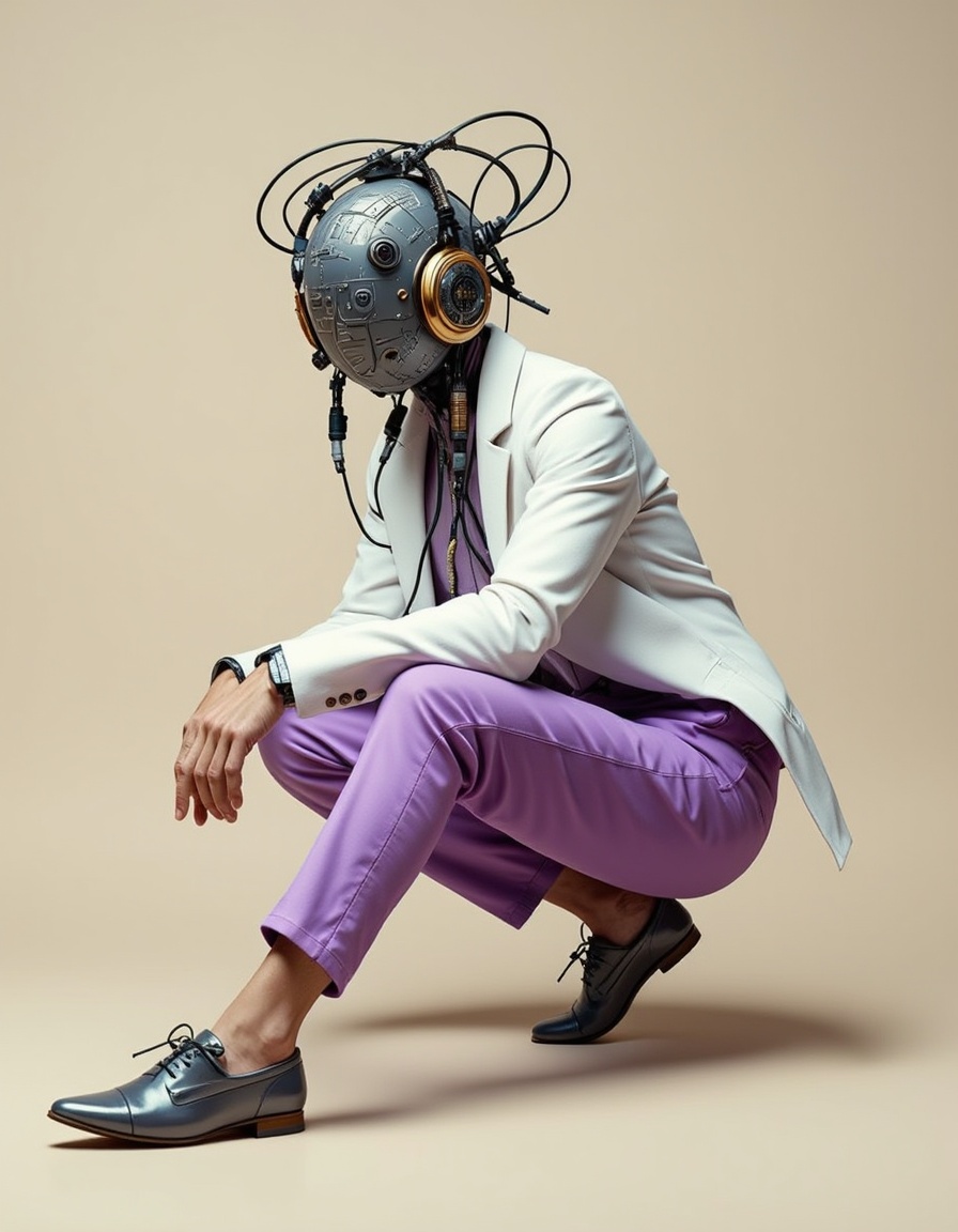 Studio_Punkji,  The image is a digital art piece that showcases a futuristic and futuristic person sitting on a beige back...