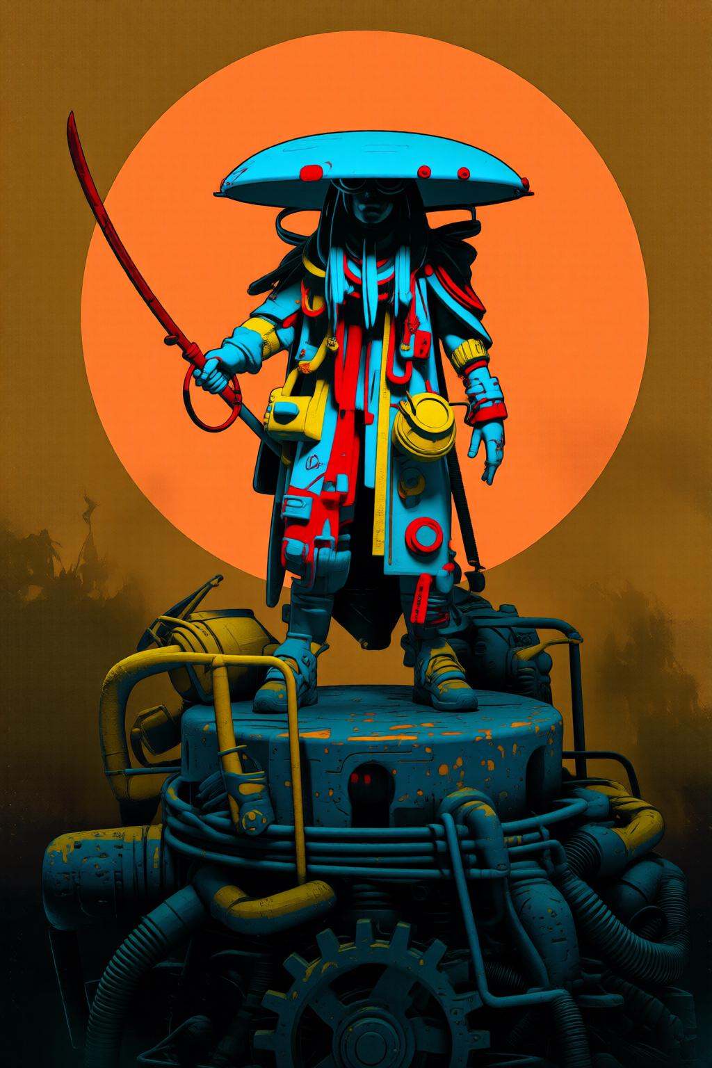 pascalblanche2q illustration. A figure standing on a complex mechanical structure. The figure wears a colorful outfit with...