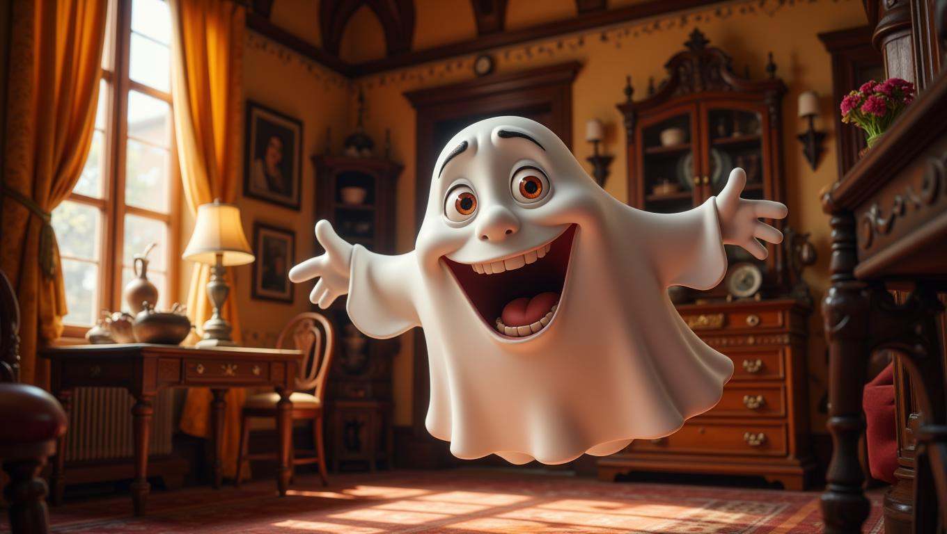 A transparent,  cheerful ghost is floating through the rooms of an old,  charmingly decrepit mansion. The ghost is smiling...
