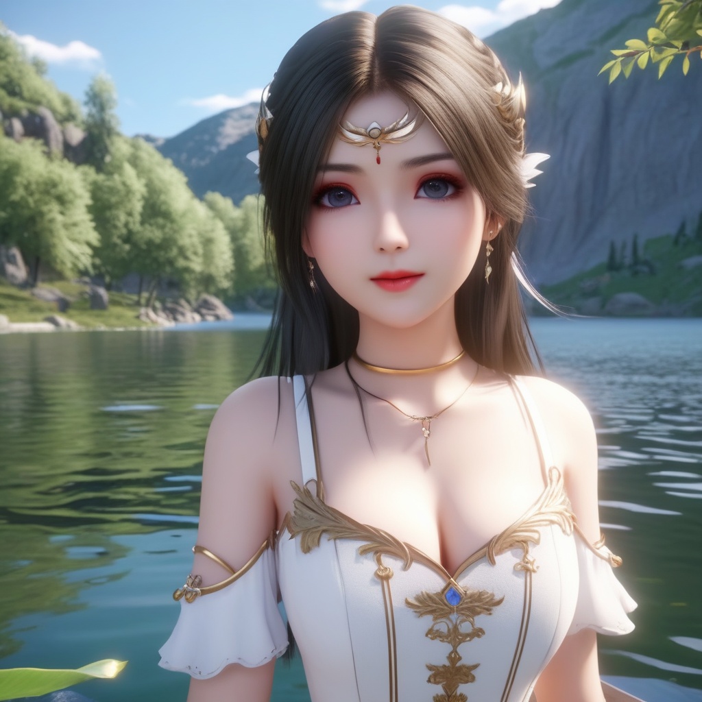 <lora:837-DA-XL-斗罗大陆-千仞雪-幼年:0.8>, (,1girl, ,best quality, ),,  ,ultra detailed 8k cg,   ,masterpiece, (( , )) , lake,upper body,   (cleavage),,  (),