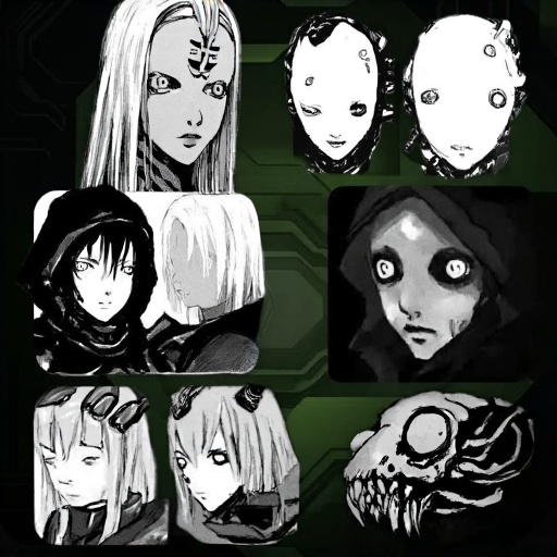 a monochrome manga by tsutomu nihei,  multiple girls,  hair over one eye on Tensor.Art