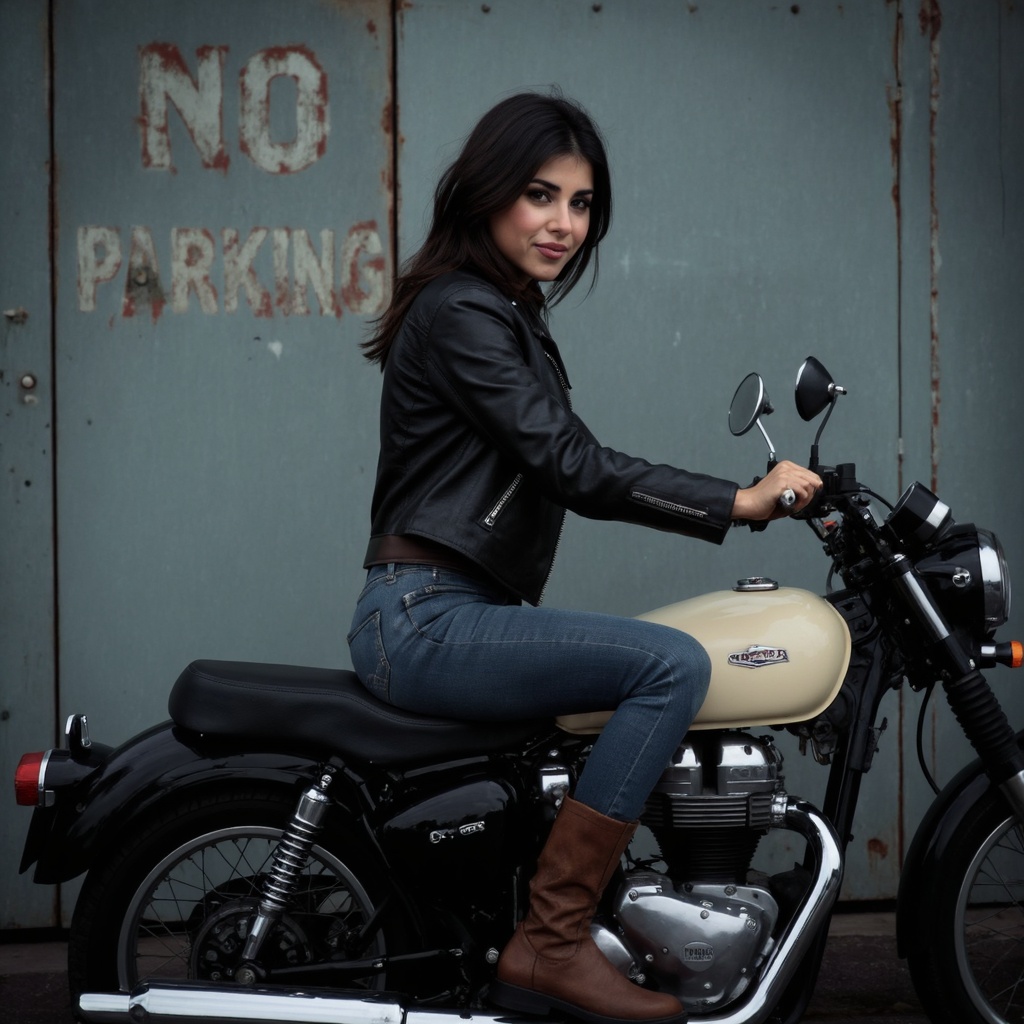 A portrait of daniella_monet seated on a vintage motorcycle. She wears a black leather jacket,  dark jeans,  and brown boo...