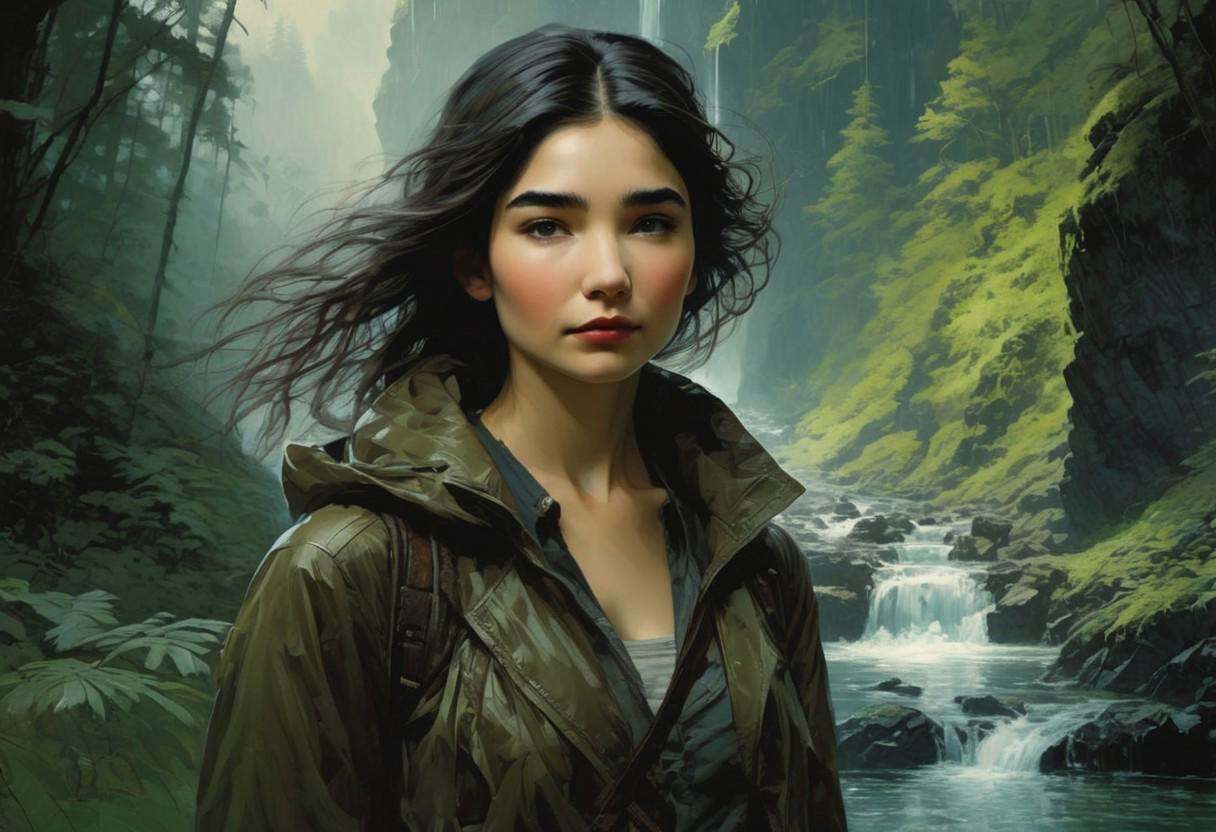 long-view,  full-body depiction of posed gracefully against a backdrop of Cascadian forest with mossy waterfalls,  she wea...