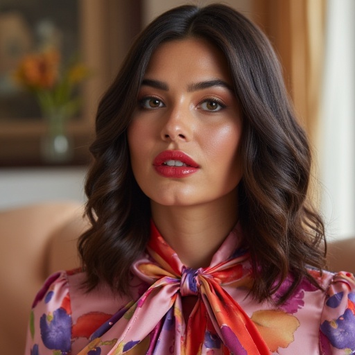 women with red lips looking at viewer wearing colorful satin bow blouse on Tensor.Art