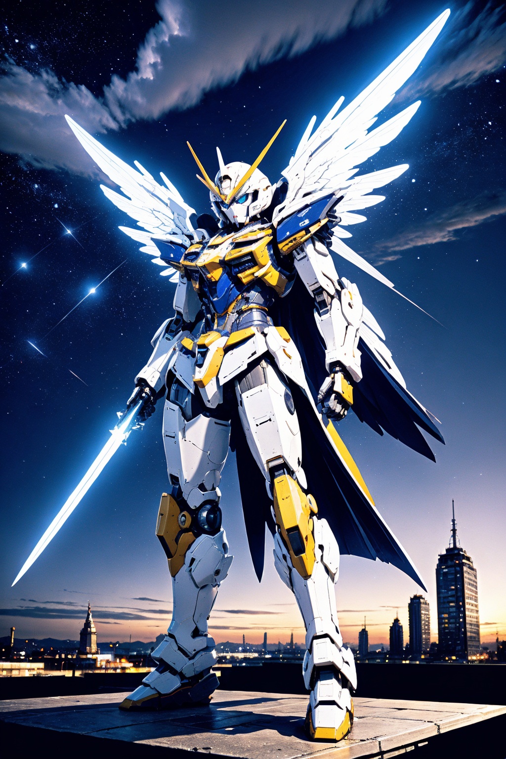 gundam, robot, no humans, wings, sky, science fiction, star \(sky\), solo, cloud, standing, blue eyes, outdoors, building, shooting star, starry sky, night, glowing, city, night sky, cityscape, weapon, full body, sword, feathered wings, cloudy sky, mechanical wings, clenched hands, looking down, looking ahead