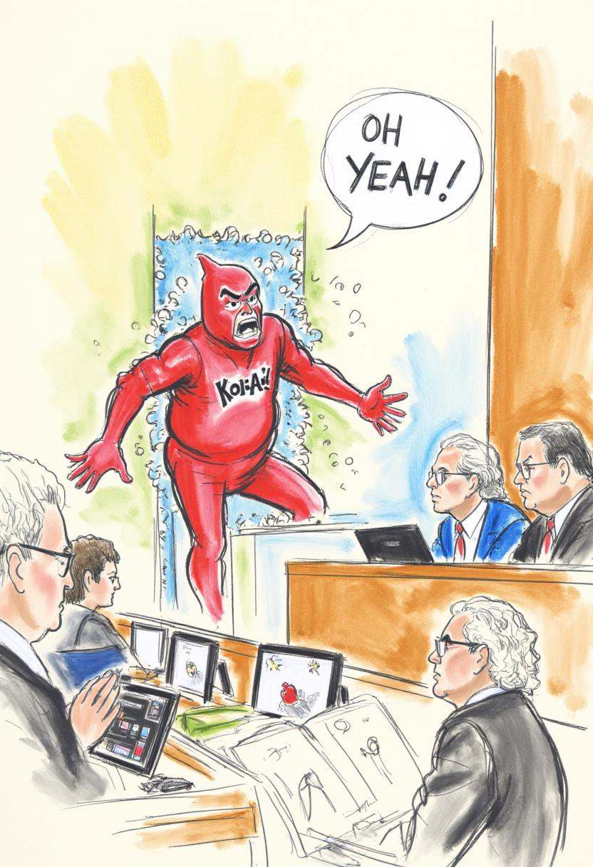 This is a detailed,  hand-drawn courtroom scene in a sketchy,  watercolor style depicting the Kool-aid man breaking throug...