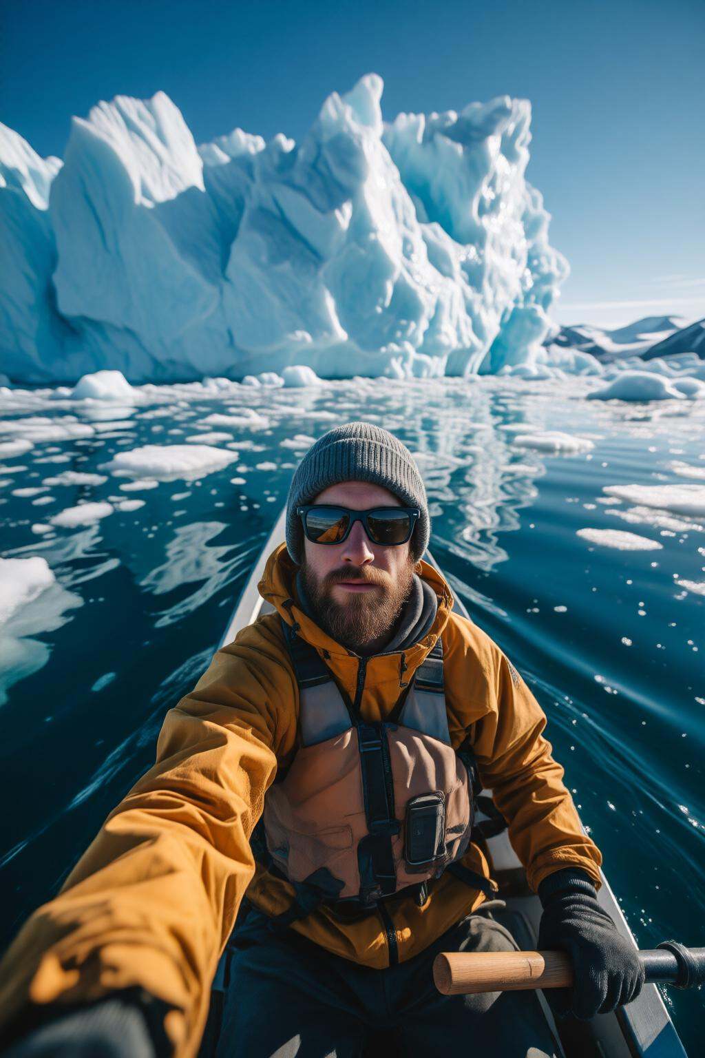 midjourneyhighangle13q High angle view. A bearded man in a kayak on an icy body of water,  surrounded by floating icebergs...