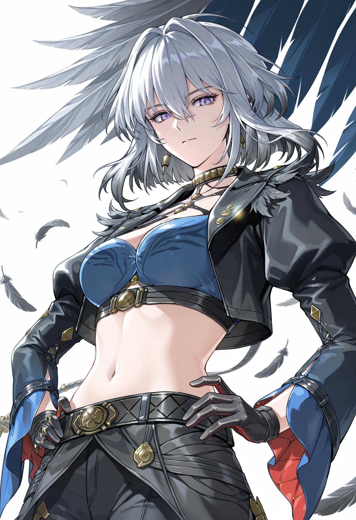 <lora:galbrena (wuthering waves)_Illustrious-000166:1>,galbrena \(wuthering waves\),solo,gloves,black gloves,breasts,cropped jacket,looking at viewer,long sleeves,jacket,pants,black jacket,midriff,jewelry,belt,medium breasts,feathers,black pants,cowboy shot,closed mouth,puffy sleeves,crop top,choker,earrings,navel,juliet sleeves,fur trim,open jacket,open clothes,white_background,(front view:1.2),hands_on_hips,