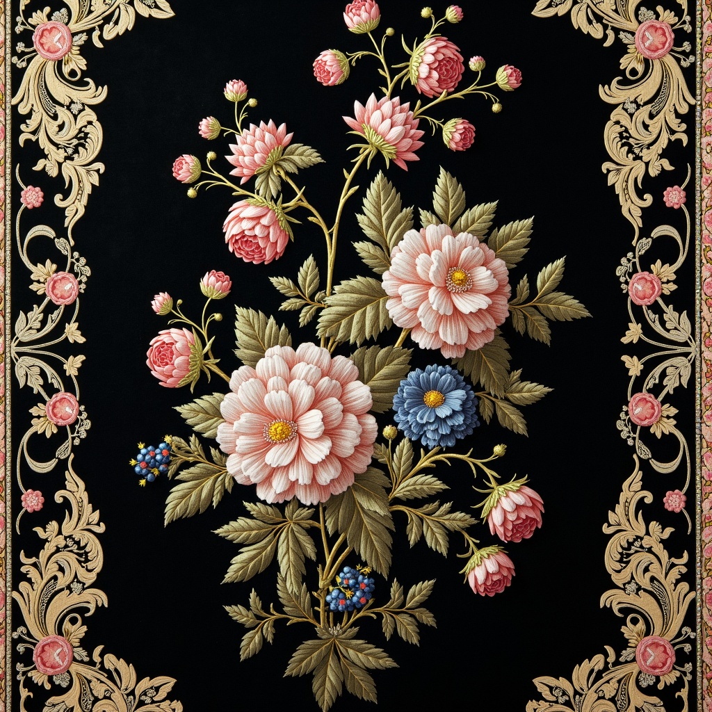 embroidery,there is a picture of a bird and flowers on a black background,floral embroidery,victorian textiles,embroidered brocade,fabric embroidery,luxury journal cover,baroque cloth,highly detailed pattern,panel of black,8k fabric texture details,flowers. baroque elements,baroque wallpaper,intricate dark background,flower motif,ornate background,fine foliage lace,black rococo,ornate decorative background,inside stylized border,1 8 th century spring ornaments,decorative border,beaded embroidery,baroque frame border,background **** of big curtains,detailed lacework,directoire style,very detailed black feathers,filigree border,jewel embellishment,extremely intricate high detail,chinoiserie pattern,richly detailed colored,ornamental edges,