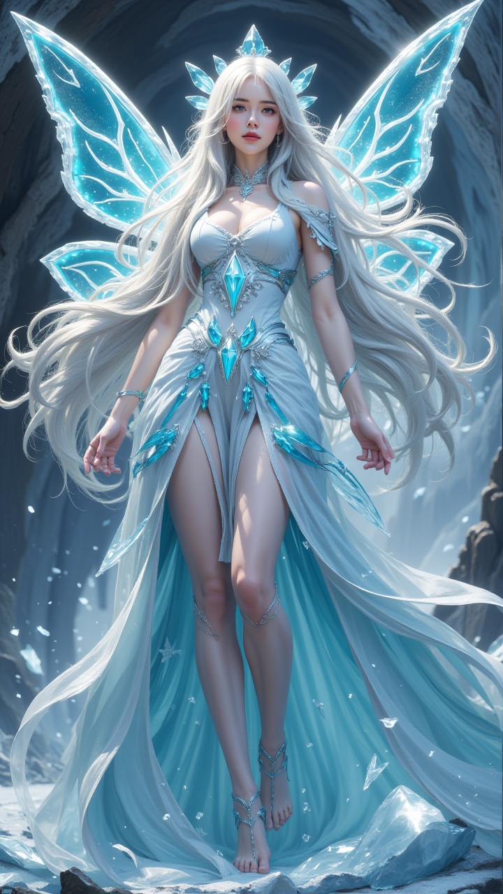 (masterpiece, best quality:1.2),Frost Goddess,Frozen fluid,Ice World,ice,1girl,Translucent clothing,breasts,cleavage,crystal,Ice Butterfly Wings,Ice cone,dress,fairy,fairy wings,full body,jewelry,long hair,looking at viewer,parted lips,solo,standing,white hair,wings