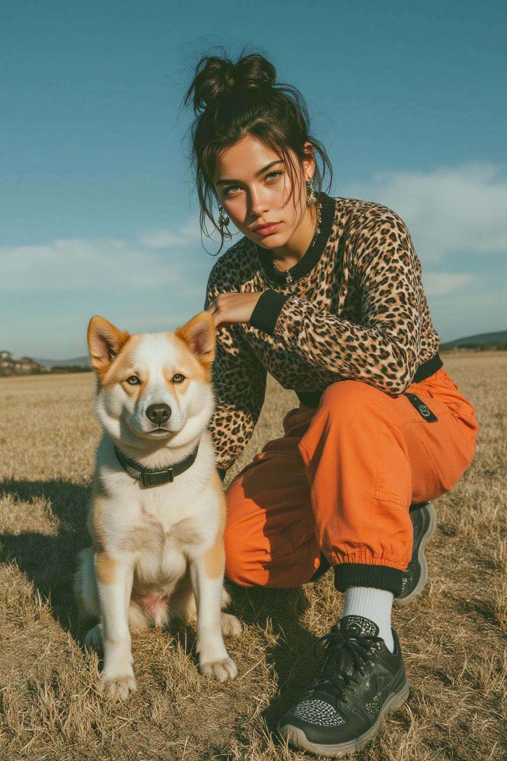 midjourney analog photograph. A young woman with dark hair tied in a bun is squatting down on dry,  golden-brown grass. Sh...